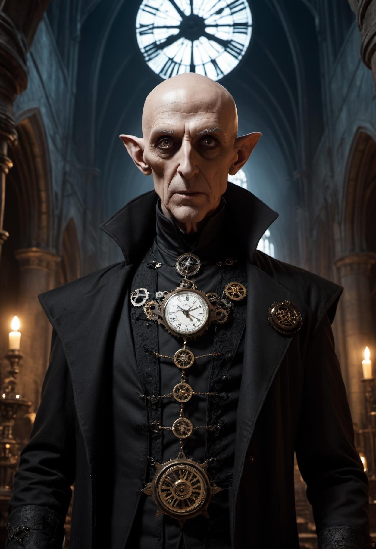 Steampunk style, cogs, clockwork machinery, night time, low angle, terrifying fierce male Nosferatu vampire lord, (gaunt face, emaciated, haunting big eyes, elderly, bald, wrinkled skin:1.3),( long fangs:1.3), tattered robes, pasty skin, dark gothic cathedral interior, detailed background