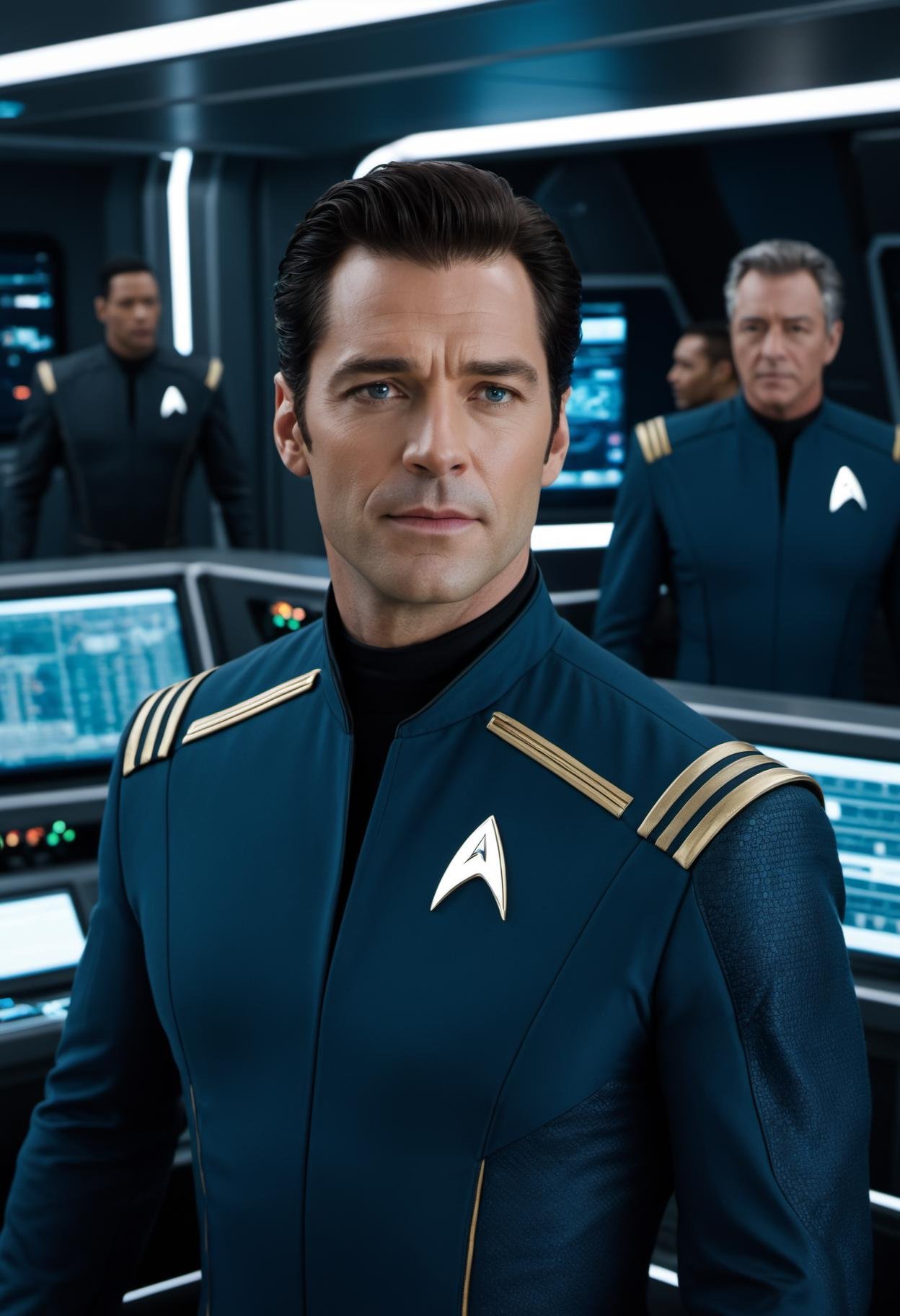 1man, a handsome starship captain, (Henry Cavill:0.7)|Hugh Jackman|Russell Crowe, well fitting futuristic space commander uniform, stubble, on the bridge of  an advanced space faring war ship, high tech computers,, crew in the background, very detailed cinematic film still from star trek next generation