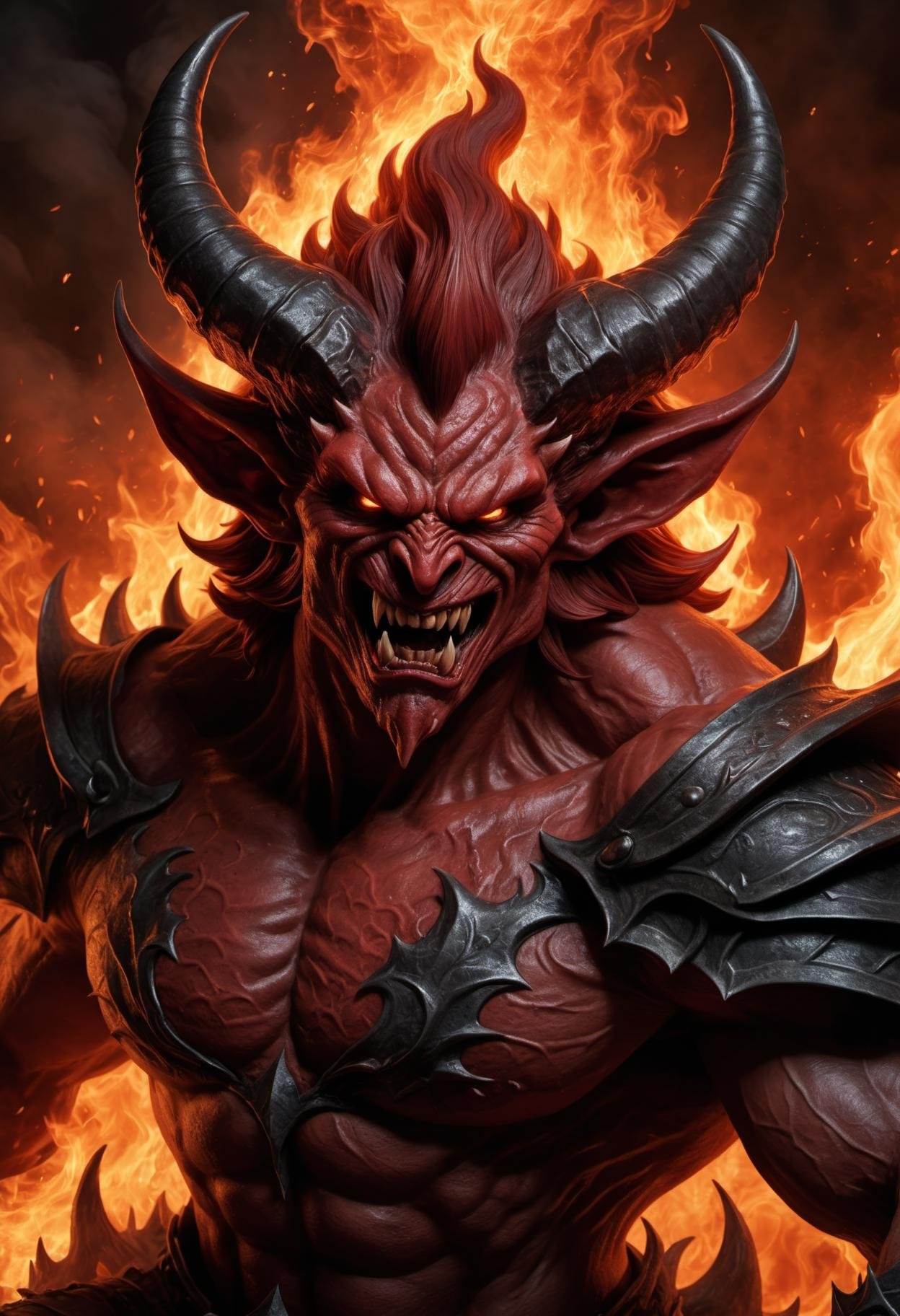Comic style, realistic shading, airbrushed, soft edges,, a horrifying red-skinned male demon king, (body portrait:1.3), (detailed monstrous evil face:1.4), screaming, (detailed scaly skin texture:1.2), long curved horns, (in hell, swirling tormented souls, billowing smoke:1.5), black spiky armor