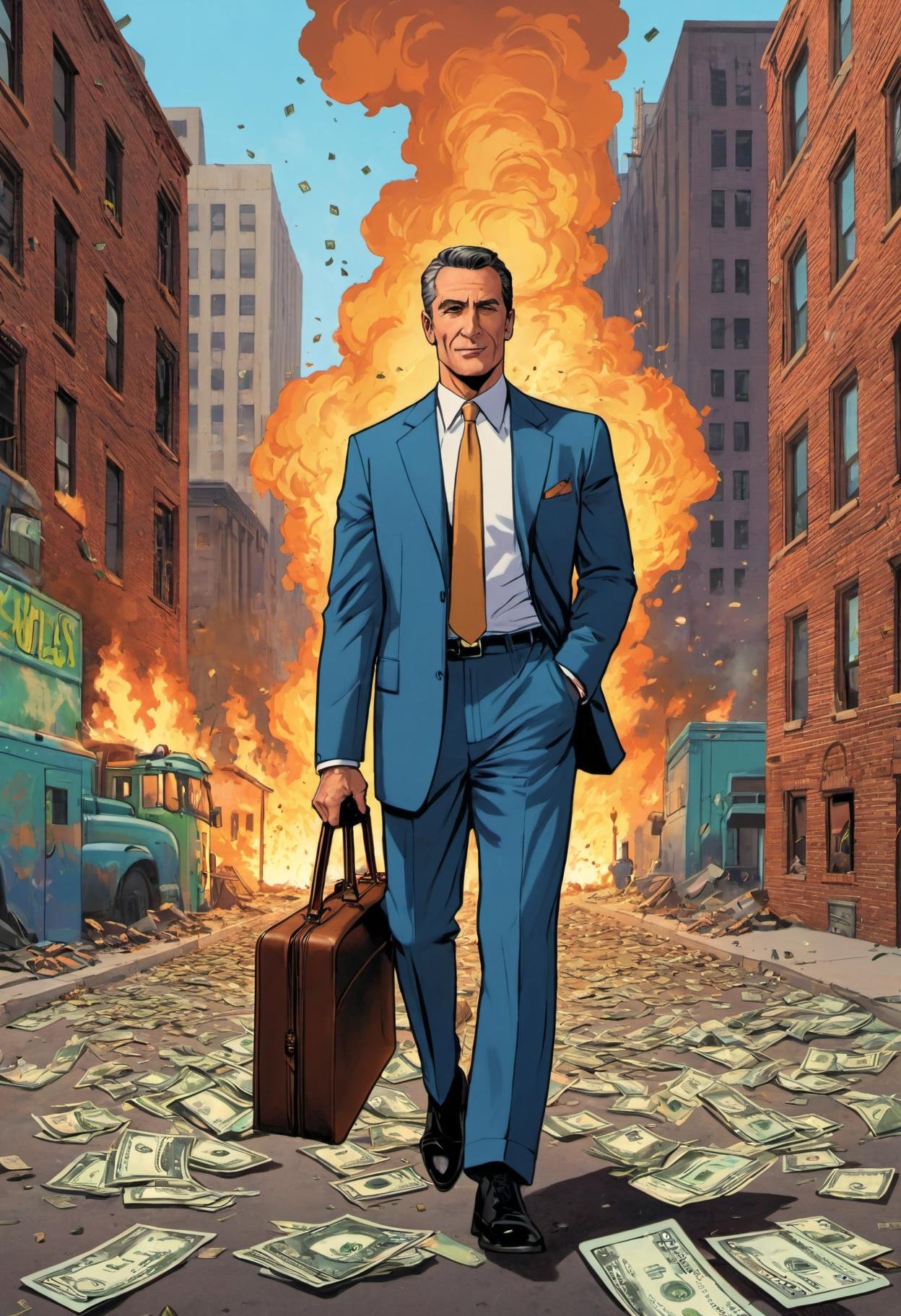 Graffiti style , art by Tom Gill, art by Fred Guardineer, art by Paul S. Newman, art by Carl Pfeufer, flat colors, cell shading, vibrant pastels,Street art, vibrant, urban, detailed, tag, mural, a prim dapper business man smugly holding a briefcase as the world burns behind him, full body shot, crumbling buildings, fire and brimstone, (cash falling from the sky, dollar bills, money everywhere:1.5), self satisfied expression, smug, selfish, wailing masses fill the street of a burning city, (apocalypse, total destruction:1.4)