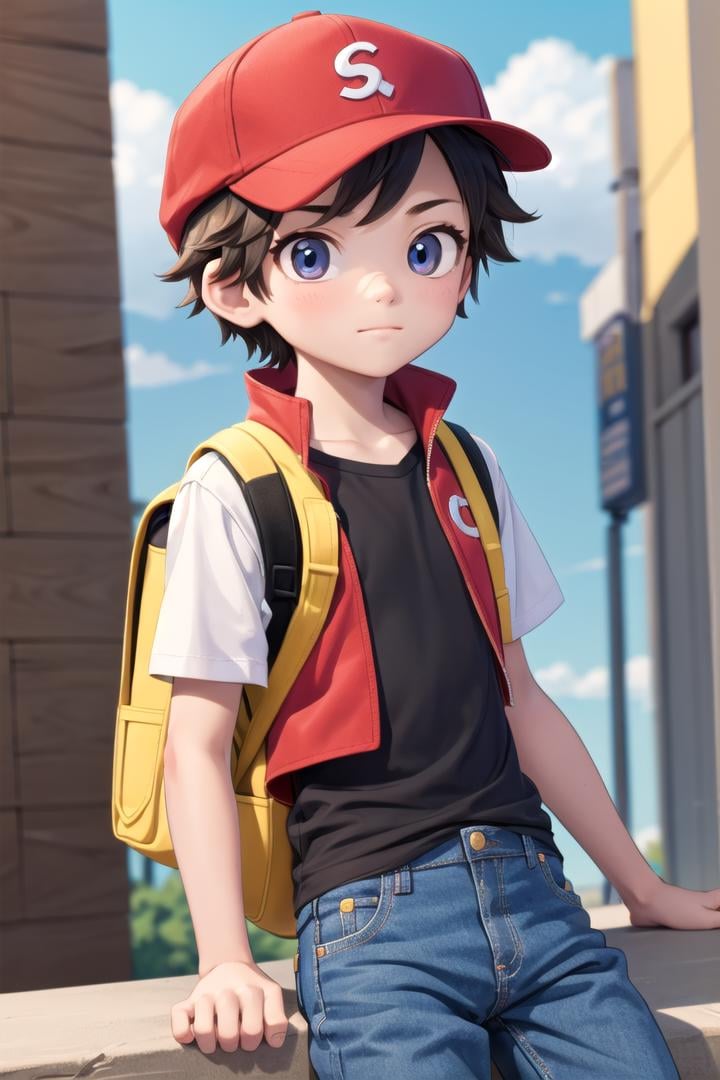 1 boy,more details in eyes,cute,looking at viewer, adorabel boy,cute face,details sky,handsome,young,juvenile,((masterpiece:1.4,best quality)),multiple details,colorful hair,eyeshadow,sfw,   <lora:RedLora:0.4>, (red \(pokemon\):0.6),black shirt, red vest, red hat, jeans,yellow backpack