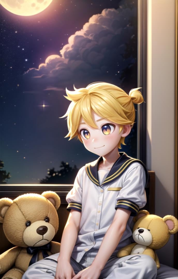 ((masterpiece:1.4,best quality)), <lora:KagamineLenV1:0.7>, 1boy, sailor_collar, Kagamine_Len, yellow hair, (8k:0.7), (dusk:0.6), moon, night, starsm, smile, short sleeve, long pants, (white shirt:1.2),1 boy,multiple details, (cuddle low detailed 1 teddybear,:1.2) multicolored eyes,eyeshadowy, tavern, warm interior, sleepy,bloom, sparkle, sitting leaned back on bed, window<lora:add_detail>,<lora:kawaiimixNijiV5Cute_v10:0.6>,<lora:custard_cookie:0.5>