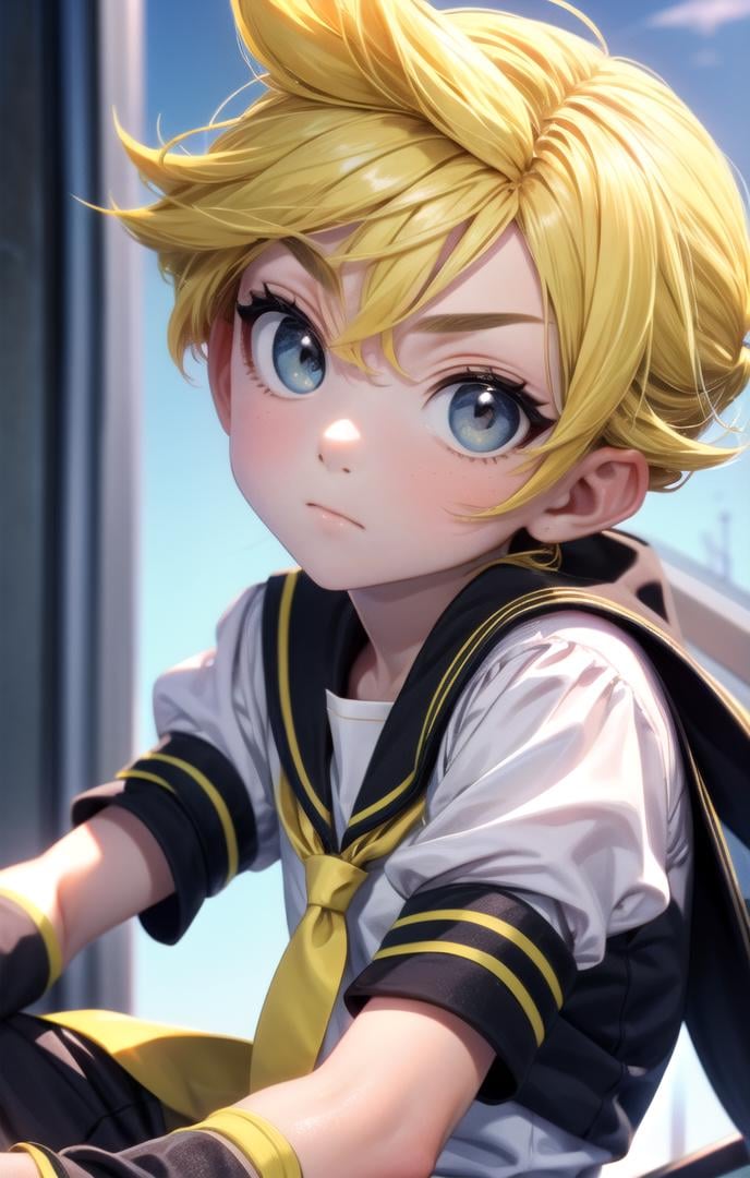 (male face details:1.4), more details in eyes, cute, looking at viewer, adorable boy, cute face, details sky, handsome, young, juvenile, ((masterpiece:1.4,best quality)), multiple details, eyeshadow, full shot,<lora:more_details:0.3>,<lora:ç¼çå:0.5>  <lora:lihui4JXK-b2-bf16-128-128-1-re1-ep3-768-DA-5015fix:0.4>,<lora:KagamineLenV1:0.6>,1boy, black_sailor_collar, leg_warmers, arm_warmers, white_shirt, spiked_hair, necktie, yellow_necktie, sailor_collar, short_sleeve, blonde hair