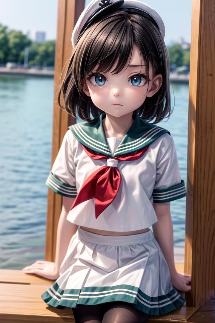 1 girl, cute, (looking at viewer:1.0), details sky, ((masterpiece:1.4, best quality)), multiple details, eyeshadow, sfw, (medium  shot:1.5), gradiant  eyes,lora:add_detail:0.8>,  <lora:more_details:0.6>, <lora:ç¼çå:0.4>,  <lora:MinamitsuMurasa:0.7>, (black pantyhose:1.2), straght on, 1girl, hat, sailor, gren eyes, short hair, black hair, sailor collar, white shirt, white skirt, knee skirt, murasa minamitsu, hishaku