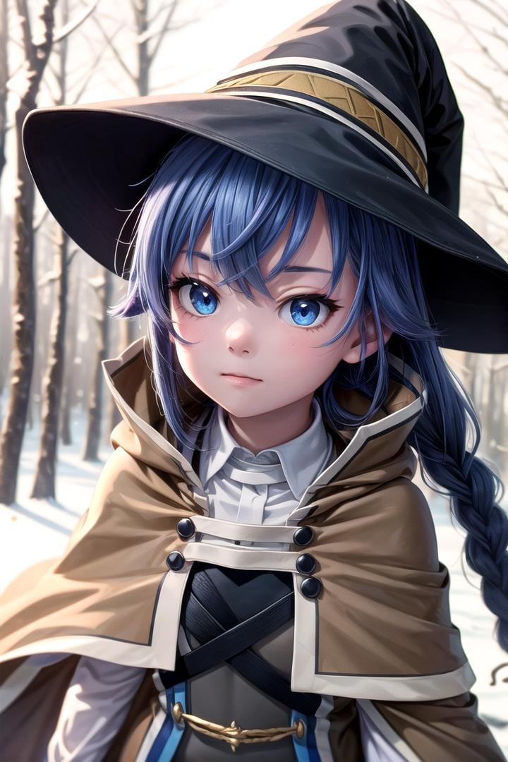 1 girl,cute,(looking at viewer:1.0), adorabel girl,cute face,details sky,handsome,,((masterpiece:1.4,best quality)),multiple details,eyeshadow,sfw, (medium  shot:1.5),lora:add_detail:0.8>,  <lora:more_details:0.4>,  forest, (night:1.2), frosted trees,<lora:ç¼çå:0.4>,    <lora:roxy:0.8> 1girl,witch hat,blue hair,very long hair,twin braid,hair ribbon,blue eyes,brown cape,long sleeves, black skirt