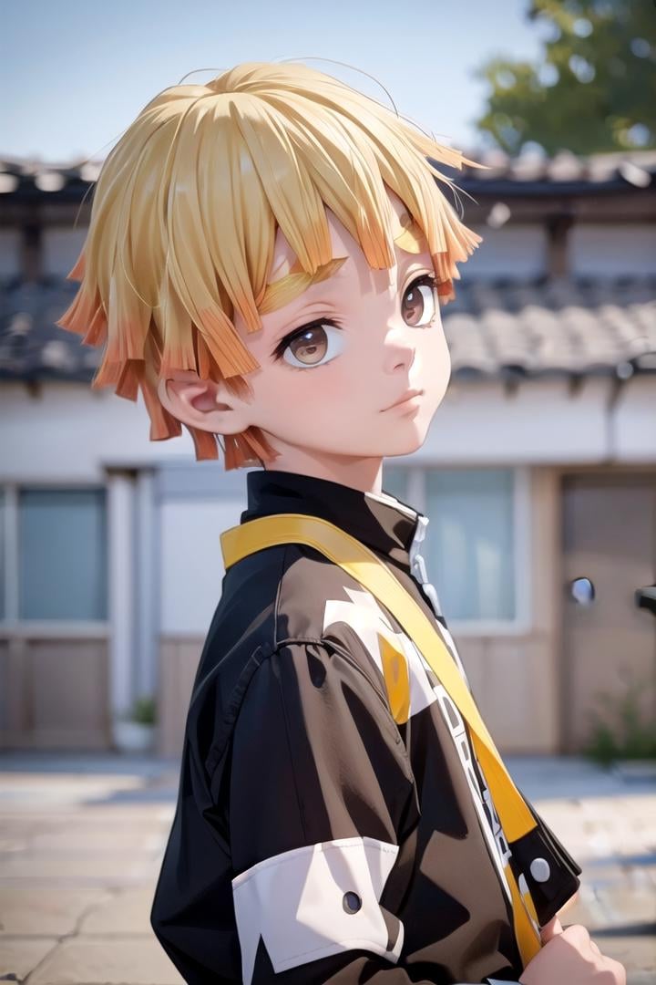 1 boy,more details in eyes,cute,looking at viewer, adorabel boy,cute face,details sky,handsome,young,juvenile,((masterpiece:1.4,best  quality)), standing,multiple details,colorful hair,eyeshadow,, sfw, <lora:agatsuma_zenitsu:0.9> agatsuma zenitsu