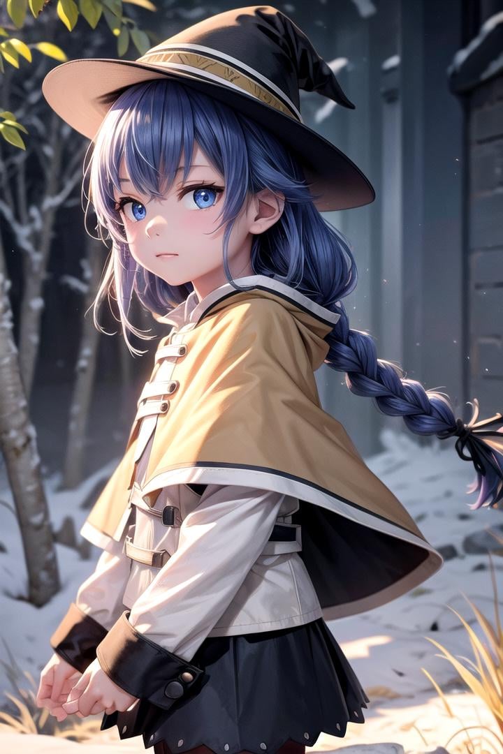 1 girl,cute,(looking at viewer:1.0), adorabel girl,cute face,details sky,handsome,,((masterpiece:1.4,best quality)),multiple details,eyeshadow,sfw, (medium  shot:1.5),lora:add_detail:0.8>,  <lora:more_details:0.4>,  forest, (night:1.2), frosted trees,<lora:ç¼çå:0.4>,    <lora:roxy:0.8> 1girl,witch hat,blue hair,very long hair,twin braid,hair ribbon,blue eyes,brown cape,long sleeves, black skirt