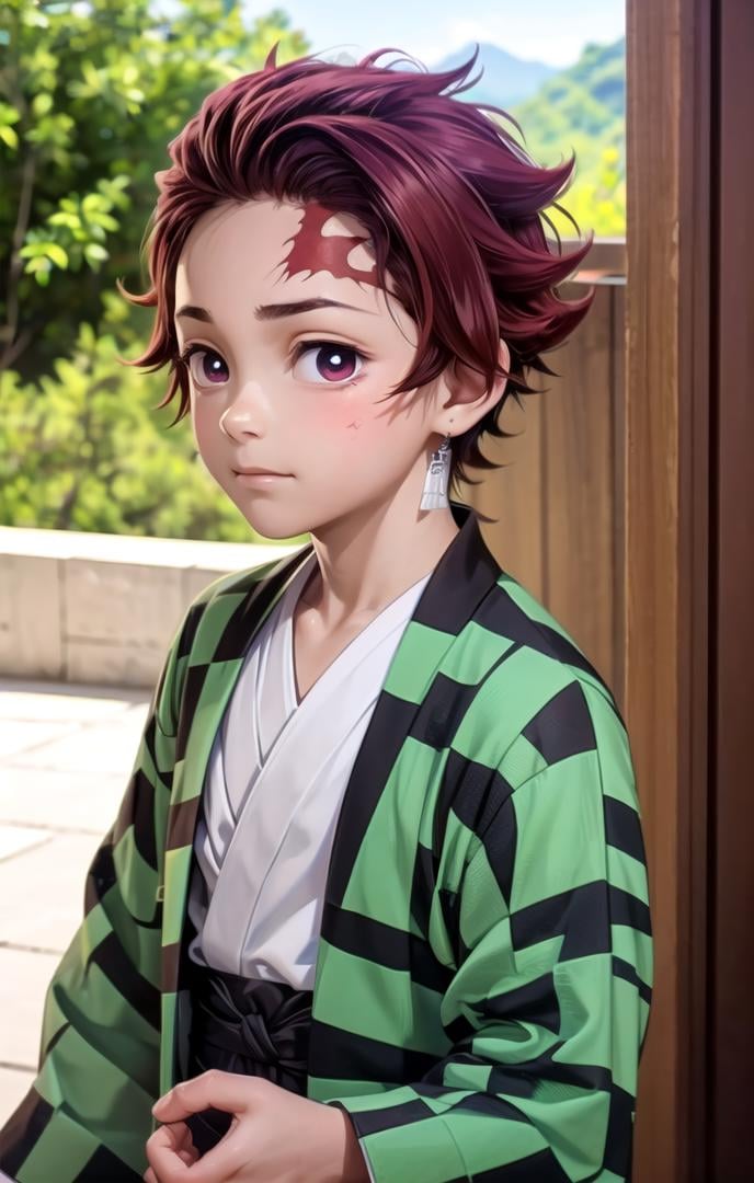 (1 boy:1.2),(male face details:1.2),more details in eyes,cute,looking at viewer, face,details sky,handsome,young,juvenile,((masterpiece:1.4,best quality)),multiple details, eyeshadow,sfw, full shot, green valley,<lora:Tanjiro:0.7> (TANJIRO), (ORIGINALOUTFIT), (SCAR,SCAR ON FOREHEAD, CHECKERED CLOTHES, 1BOY, RED HAIR),<lora:add_detail:0.2>, green and black clothes, high res, ultra detailed character,