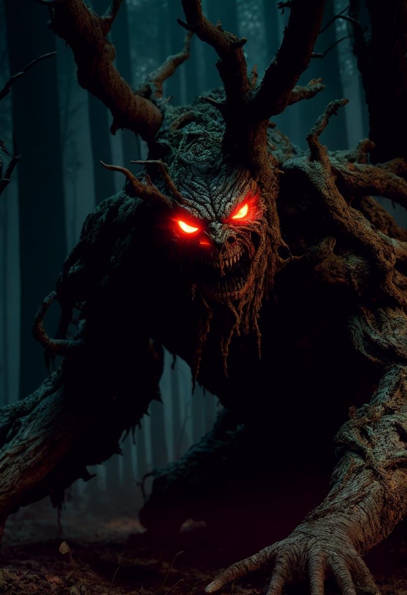 ((best quality)), ((masterpiece)), ((inked)), (night:1.2),of an evil gnarled ent, terrifying tree monster with glowing eyes, (extreme close up portrait), wrathful nature god, intricately detailed vines and bark, angry expression, in a haunted forest, dramatic cinematic lighting, soft edge lighting, (bloom:1.2),  photographed on a Canon EOS R5, 50mm lens, F/2.8, HDR, professional, dramatic cinematic lighting, (backlit:1.2), hard edge lighting, cold vibrant colors, (dusty air:1.3),cinematic Film still from (cannibal holocaust:0.2)|(Scary Stories To Tell In the Dark:0.2)|(doom:0.2)|(the void:0.6)|the lord of the rings