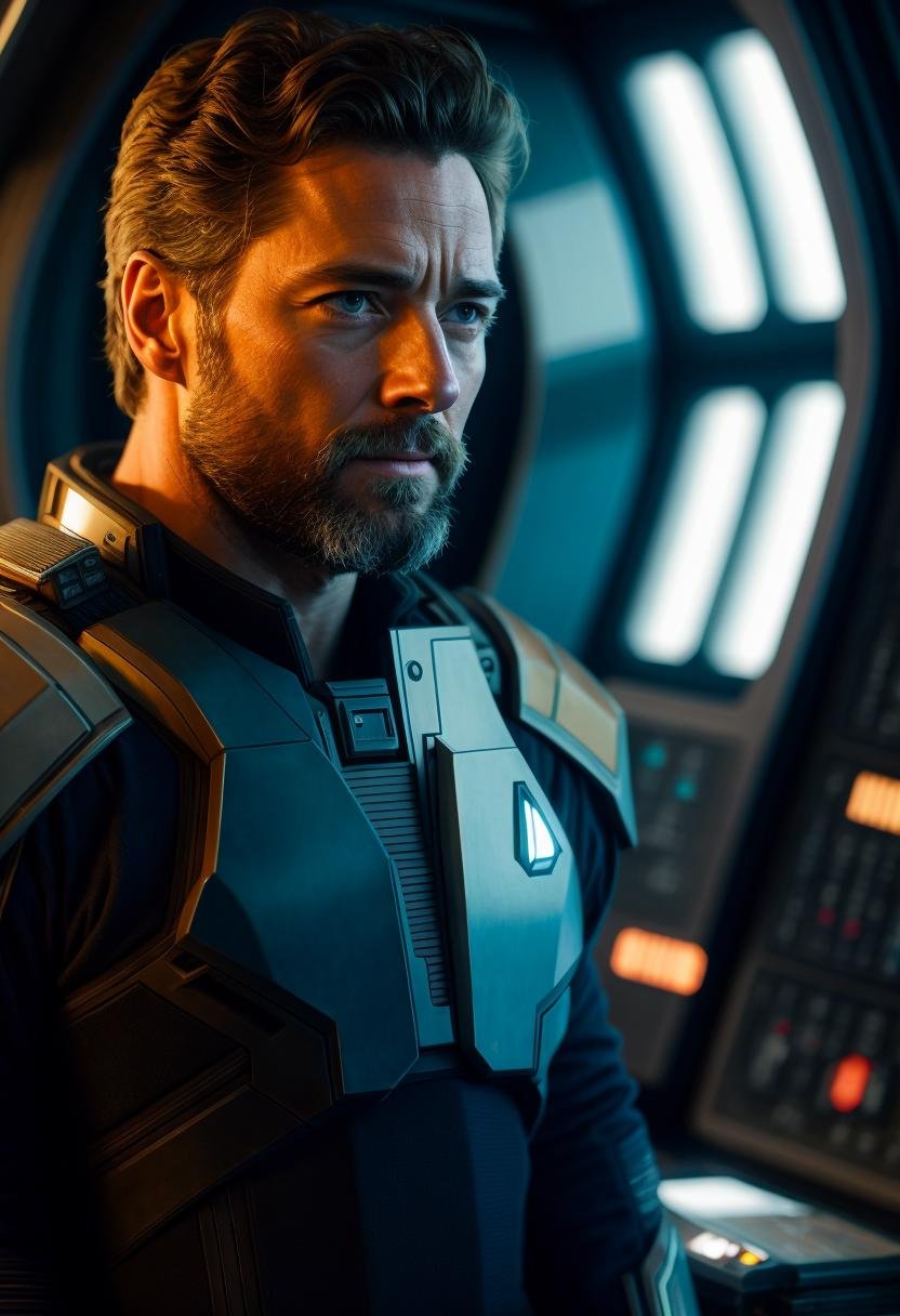 ((best quality)), ((masterpiece)), ((inked)),  majestic intricately detailed soft oil painting by jim lee, 1man, a handsome starship captain, (Henry Cavill:0.7)|Hugh Jackman|Russell Crowe, well fitting futuristic space commander uniform, stubble, on the bridge of  an advanced space faring war ship, high tech computers,, crew in the background, film grain, soft edge lighting, photographed on a Canon EOS R5, 50mm lens, F/2.8, HDR, professional, backlit, high contrast, (deep shadows:1.5), warm vibrant colors, lens flare,  cinematic Film still from the expanse|(mass effect:0.6)|star trek