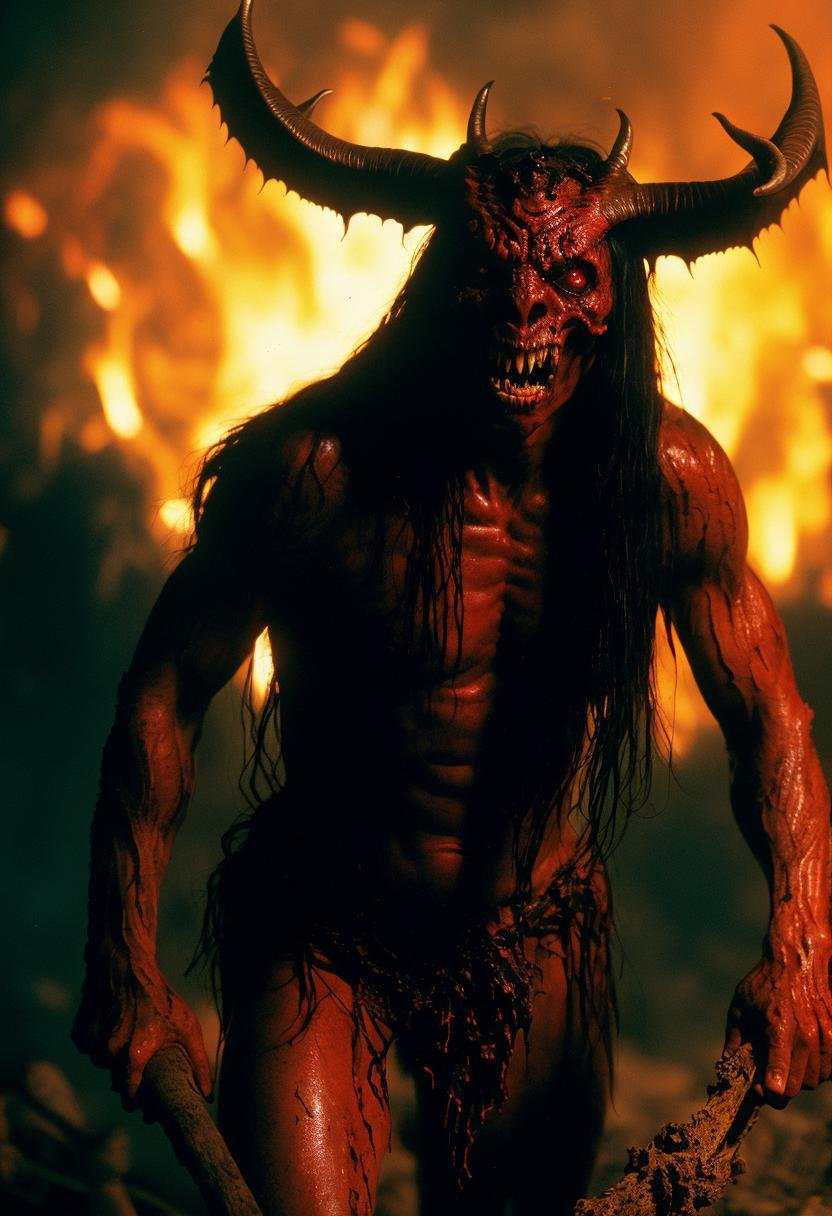 ((best quality)), ((masterpiece)), ((inked)), majestic intricately detailed soft oil painting by jim lee from diablo of a horrifying naked red-skinned demon king standing in fire,( in hell:1.2), detailed monstrous evil goat like face, cloven hoofed, screaming, (wide spread bat like wings:1.2), scaly skin, (goat legs, ram horns:1.2), long curved horns, burning hellish landscape, barren, billowing smoke, tortured souls, (sparks:1.3) (extreme facial close up shot), deep shadows, dynamic angle, professional, soft lighting, photographed on a Canon EOS R5, 50mm lens, F/2.8, HDR, 8k resolution, highres, high detail, sharp focus, smooth, roughness, real life, photorealism, photography,cinematic Film still from (cannibal holocaust:0.3)|Scary Stories To Tell In the Dark|(doom:0.5)|the void