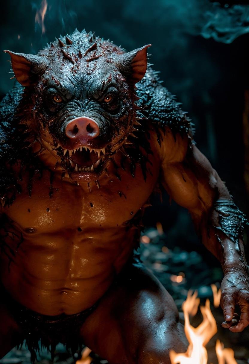 ((best quality)), ((masterpiece)), ((ultra realistic)), ((night)), (dynamic action pose), full body, RAW, Analog, intricately detailed moist pig headed humanoid male monster wearing a loin cloth, fat body, flabby, ((bald)), (leather armor)) sweaty, sharp teeth, (((snarling))), cavernous eyes, ((in a burning tavern)), (diffuse smoke), ((destruction)), professional, masterpiece, cinematic lighting, photographed on a Canon EOS R5, 50mm lens, F/2.8, HDR, 8k resolution, highres, high detail, sharp focus, smooth, roughness, real life, photorealism, photography,cinematic Film still from (cannibal holocaust:0.3)|Scary Stories To Tell In the Dark|(doom:0.5)|the void