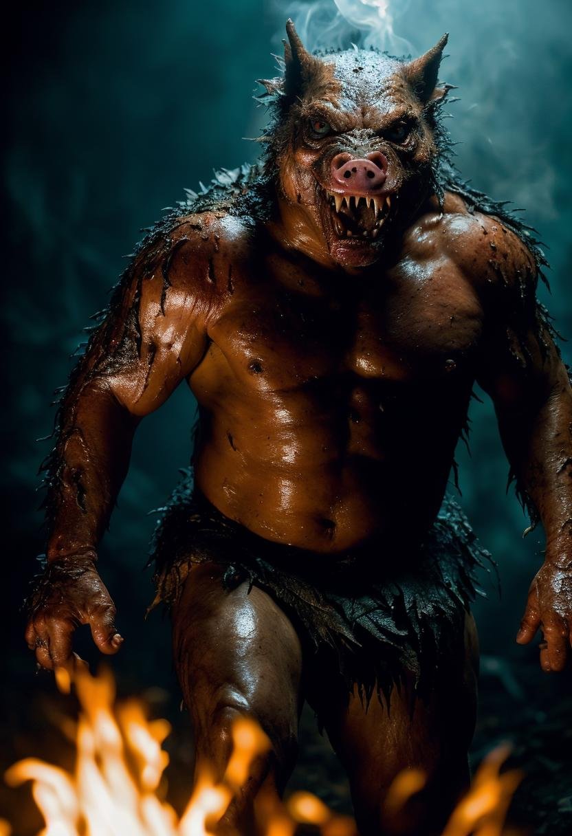 ((best quality)), ((masterpiece)), ((ultra realistic)), ((night)), (dynamic action pose), full body, RAW, Analog, intricately detailed moist pig headed humanoid male monster wearing a loin cloth, fat body, flabby, ((bald)), (leather armor)) sweaty, sharp teeth, (((snarling))), cavernous eyes, ((in a burning tavern)), (diffuse smoke), ((destruction)), professional, masterpiece, cinematic lighting, photographed on a Canon EOS R5, 50mm lens, F/2.8, HDR, 8k resolution, highres, high detail, sharp focus, smooth, roughness, real life, photorealism, photography,cinematic Film still from (cannibal holocaust:0.3)|Scary Stories To Tell In the Dark|(doom:0.5)|the void