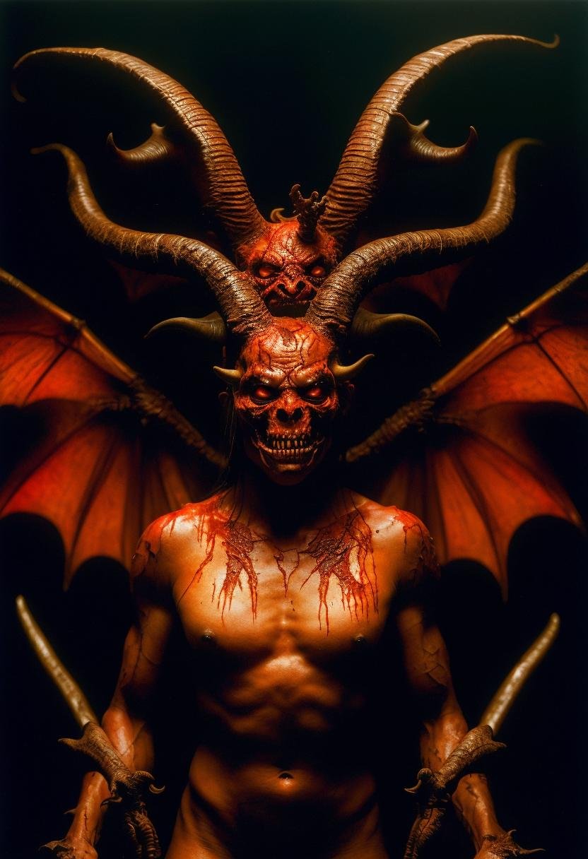 ((best quality)), ((masterpiece)), ((inked)), majestic intricately detailed soft oil painting by jim lee from diablo of a horrifying naked red-skinned demon king standing in fire,( in hell:1.2), detailed monstrous evil goat like face, cloven hoofed, screaming, (wide spread bat like wings:1.2), scaly skin, (goat legs, ram horns:1.2), long curved horns, burning hellish landscape, barren, billowing smoke, tortured souls, (sparks:1.3) (extreme facial close up shot), deep shadows, dynamic angle, professional, soft lighting, photographed on a Canon EOS R5, 50mm lens, F/2.8, HDR, 8k resolution, highres, high detail, sharp focus, smooth, roughness, real life, photorealism, photography,cinematic Film still from (cannibal holocaust:0.3)|Scary Stories To Tell In the Dark|(doom:0.5)|the void