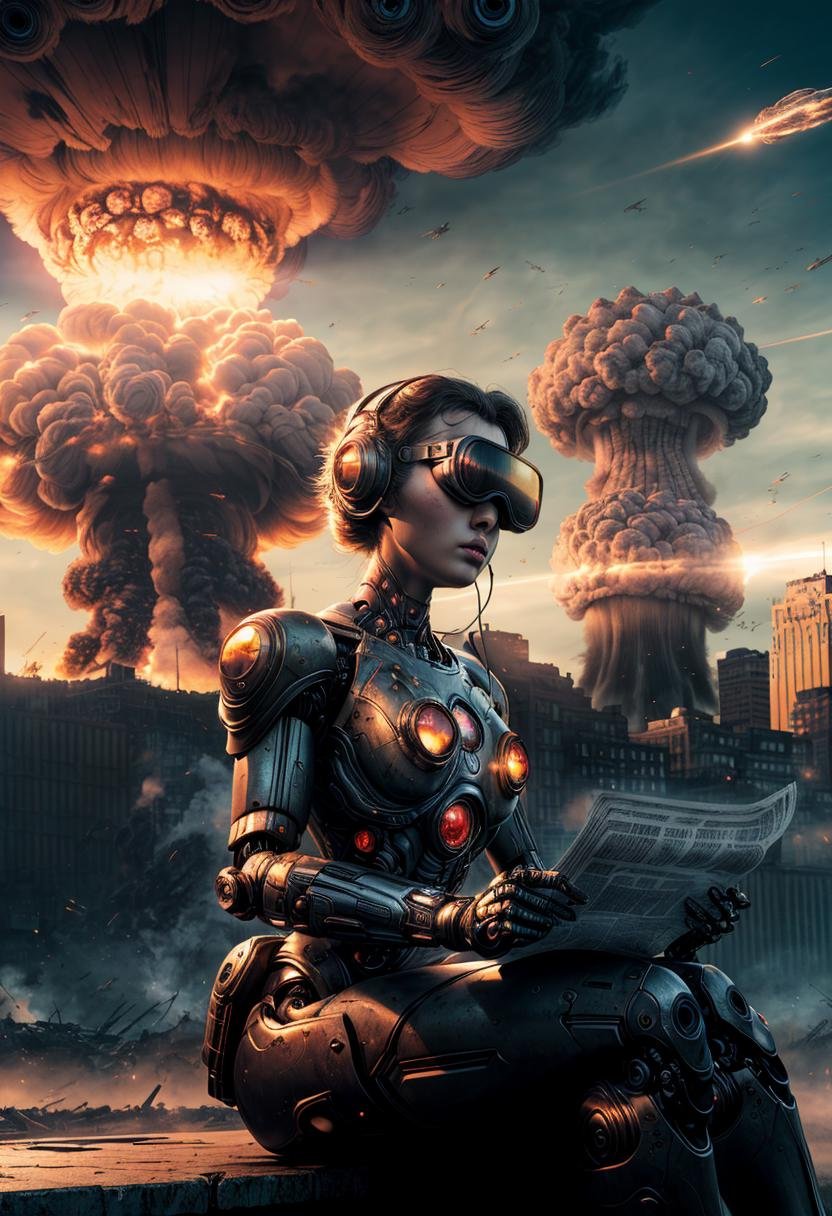 ((best quality)), ((masterpiece)), ((ultra realistic)), ((dark fantasy style)), professional intricately detailed award winning soft oil painting, a robot sitting reading a news paper, cyborg on a park bench, robotic face, vr goggles, atomic bomb cloud background, giant explosion, (nuclear blast:1.4), apocalyptic burning city, destroyed skyscrapers, total destruction, decimation, conflagration, scorched air, soft edge lighting, highly detailed, ((close up full body portrait)), professional, soft volumetric lighting, lens flares, photographed on a Canon EOS R5, 50mm lens, F/2.8, HDR, professional, 