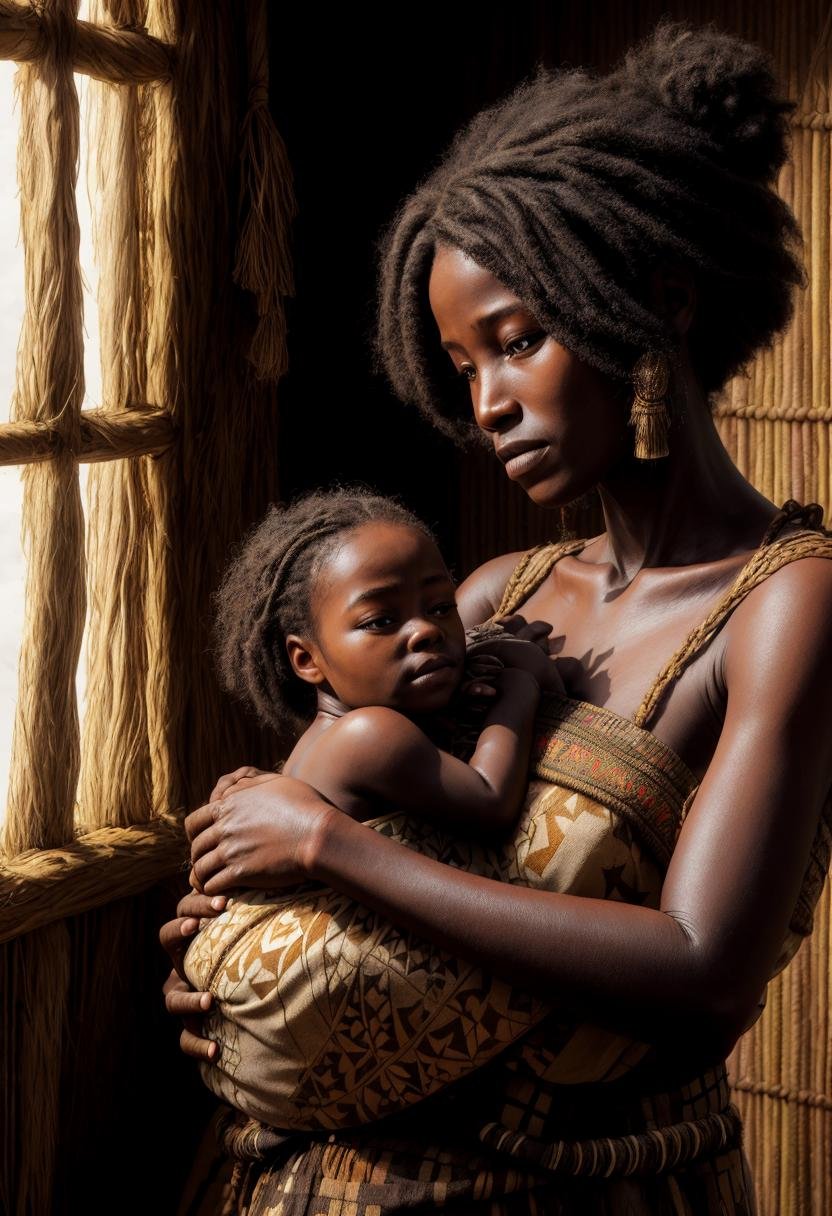 ((best quality)), ((masterpiece)), ((ultra realistic)), ((dark fantasy style)), beautiful intricately detailed soft oil painting, a tired but happy black African tribal mother cradling her newborn baby, dimly lit mud hut interior, (tribal dress:1.3), intimate, soft facial features, tribal, highly detailed, professional, 8k, uhd, soft volumetric lighting, depth of field, film grain, smooth, roughness, real life, soft warm vibrant color palette, 