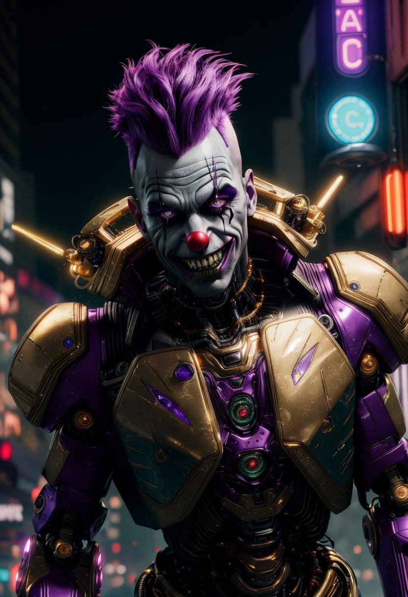 ((best quality)), ((masterpiece)), ((ultra realistic)), ((dark fantasy style)), (1man:1.3), (night),  majestic intricately detailed soft oil painting, close up facial portrait, a maniac cyberpunk punk, (intricately detailed cybernetic augmentation, green and purple mohawk, robotic implants,  reflective golden plating, gold teeth:1.3), (manic evil grin:1.2), (clown makeup:1.3), in the dark rain washed city street, dramatic cinematic lighting, neon edge lighting, professional, dramatic lighting, (backlit:1.2), hard edge lighting, cold muted  colors