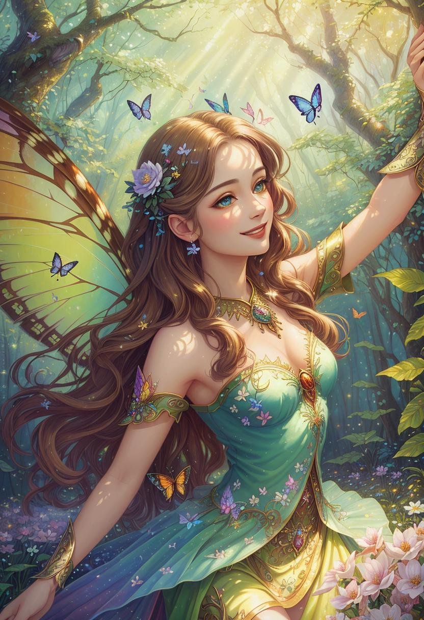 ((best quality)), ((masterpiece)), ((ultra realistic)), ((fantasy style)),  beautiful intricately detailed soft oil painting beautiful dancing fairy, rainbow colored wings, smiling detailed face, in a forest glade, beautiful eyes, spring time, flowers, fluffy clouds, butterflies, animals everywhere, 