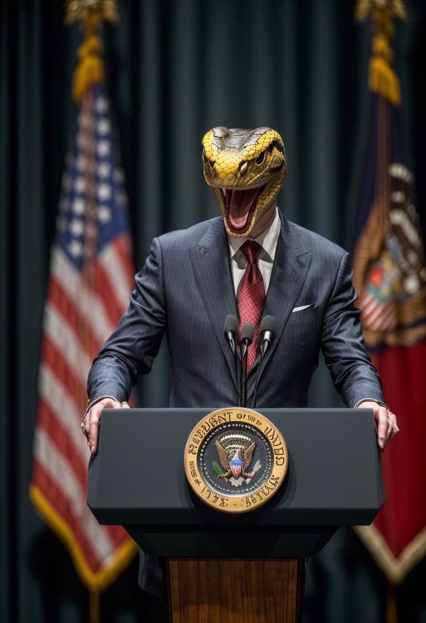 ((best quality)), ((masterpiece)), ((ultra realistic)), award winning glamor photograph, the serpent headed president of the world giving a speech, standing behind a podium, globalist flag with a symbol for the earth behind him, man with a (snake head:1.2), detailed red slit evil eyes, wearing an expensive suit, shined shoes, forked tongue, needle like fangs, manic grin, hissing, depth of field, masterpiece, realistic, roughness, ultra realistic, photographed on a Canon EOS R5, 50mm lens, vibrant colors, F/2.8, HDR, 8k resolution, highres, high detail, sharp focus, dynamic angle, smooth, roughness, real life, photorealism, photography, 8k uhd,