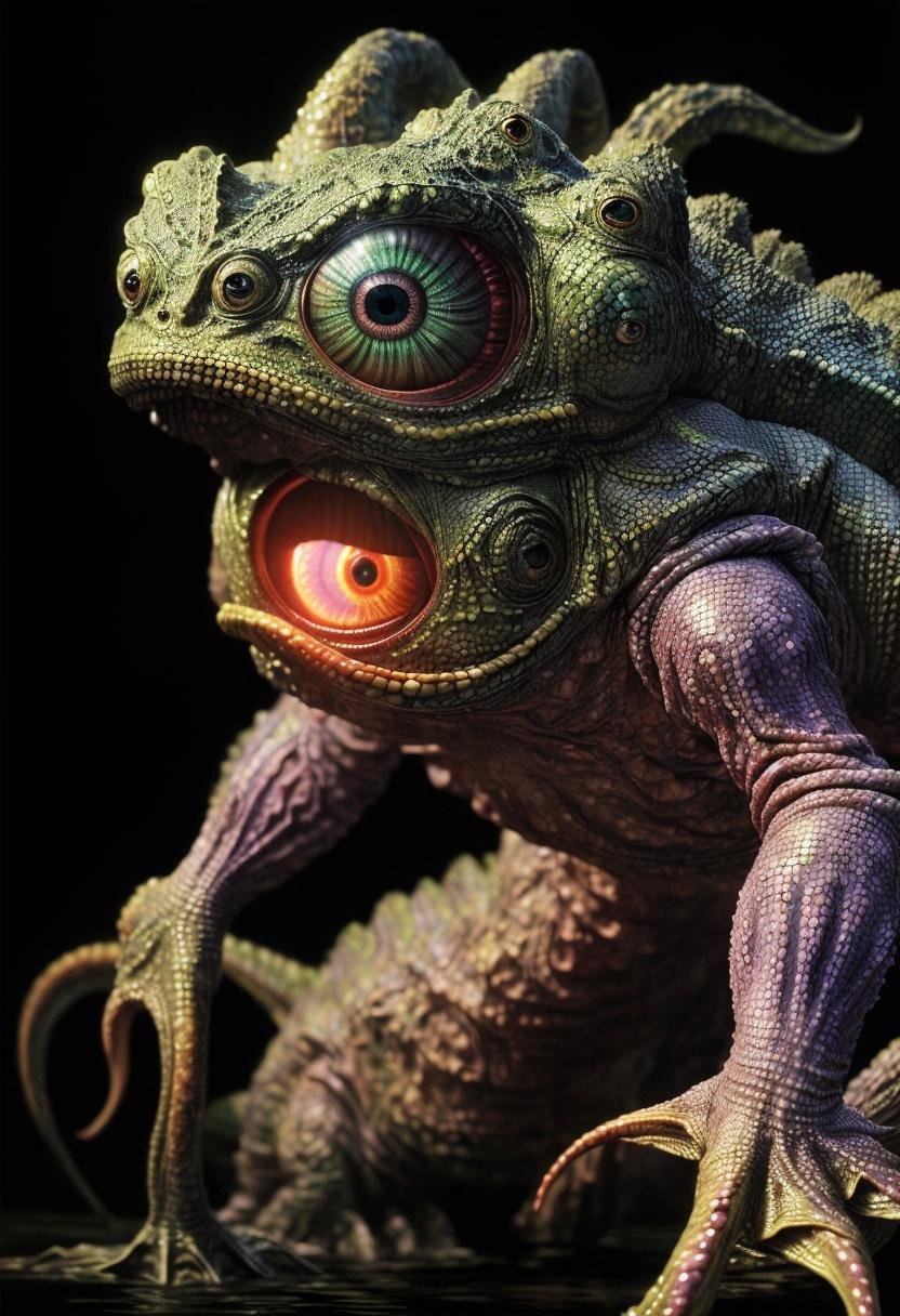 ((best quality)), ((masterpiece)), ((ultra realistic)), majestic intricately detailed soft oil painting by naoto hattori trending on art station, Majestic vast and beautiful alien landscape background, (cute alien amphibious|reptilian multi-colored enormous creature, big cute cyclops glowing eye:1.6), (bipedal, humanoid, cthulhu like:1.4), depth of field, film grain, smooth, roughness, real life, dramatic cinematic lighting, soft edge lighting, (bloom:1.2), (vibrant psychedelic colors:1.3) (filigree:1.3), (scroll work:1.2), (it's a horny little devil), professional, dramatic cinematic lighting, cinematic Film still from the lord of the rings|krull|cannibal holocaust|mass effect|gremlins|