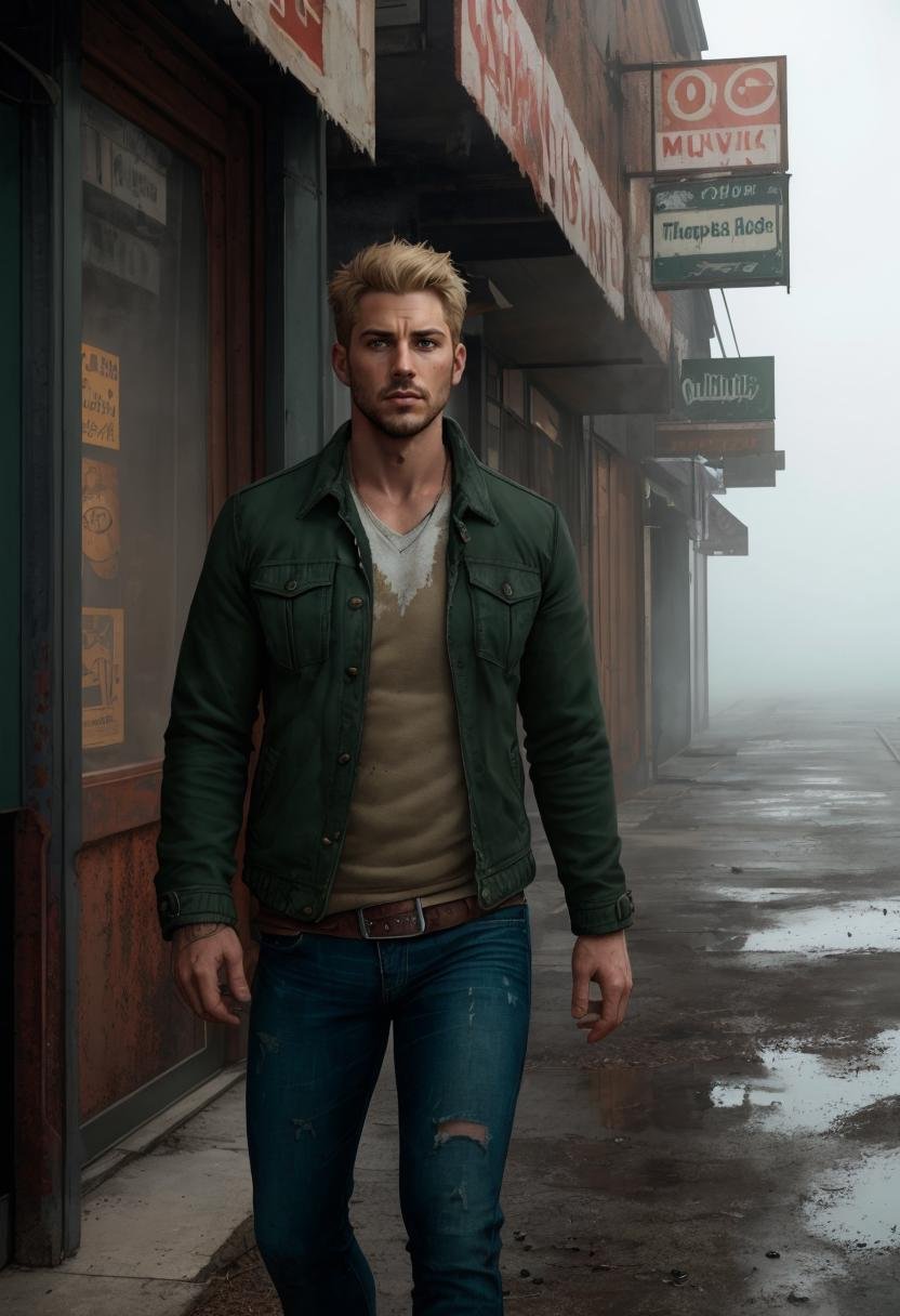 ((body portrait, body shot)), (29 year old man:1.1), James Sunderland from Silent Hill 2, terrified, dread, horror, walking the misty streets of Silent Hill, deathly silent ruined American town, (Wearing a (dark green jacket:1.1) and jeans, (short:1.1) messy dirty-blonde hair, stubble, grizzled, forlorn:1.3), abandoned town center, empty buildings, empty shopfronts, dark somber and gloomy atmosphere, (thick fog, volumetric mist:1.5),( rusted cars:1.2), deep shadows, highly detailed, professional, soft volumetric lighting, muted colors,, ((best quality)), ((masterpiece)), ((ultra realistic)), beautiful intricately detailed soft oil painting,