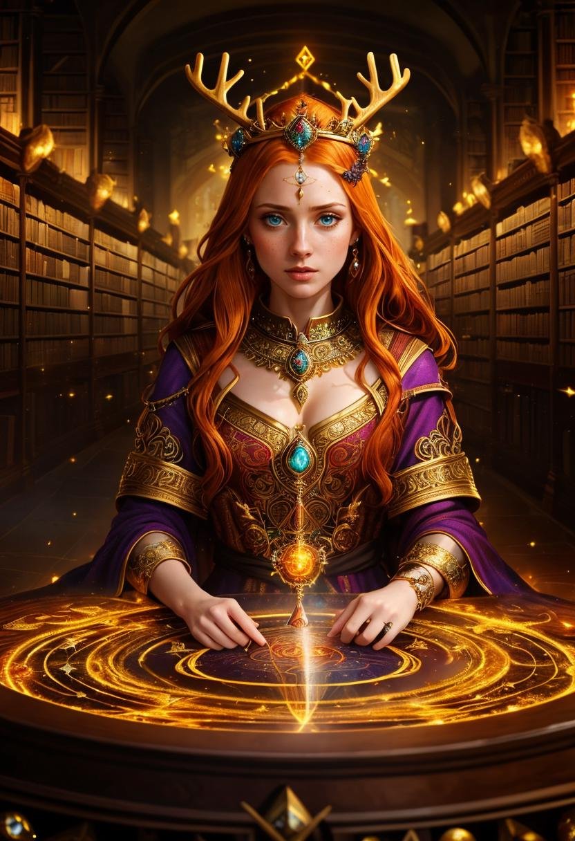 ((best quality)), ((masterpiece)), ((ultra realistic)), beautiful intricately detailed soft oil painting,upper-body portrait, (a stunningly gorgeous worried ginger sorceress standing in a glowing runic summoning circle:1.5), perfect medium breasts, (soft facial features:1.3), freckles, detailed mesmerizing eyes, (ornate bejeweled gold crown with antlers:1.4), intricately embroidered luxurious robes, embroidered snug bodice, (arcane magical symbols:1.2), (fractals, swirling magical energies everywhere:1.5), Deborah Ann Woll|(Karen Gillan:0.7)|(Emma Watson:0.8), (in a dark arcane library:1.3), (glowing sparks:1.2),