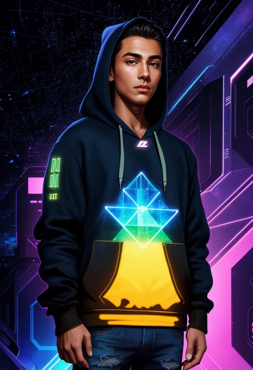 ((dark noir style)),(intricately detailed cyber space neon background:1.3), a young man in cyberspace, hands in his pockets, (kaleidoscopic digital geometry, virtual realities, neon abstract cubic surrealism, digital universe, binary, glowing computer code:1.4), vast digital cyberscape, (wearing normal tattered dirty cloths, hoodie:1.5),, ((best quality)), ((masterpiece)), ((ultra realistic)), beautiful intricately detailed soft oil painting,