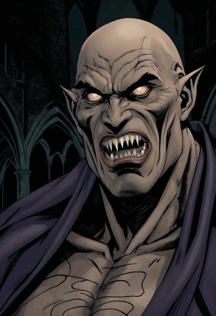 ((ultra detailed, glossy, smooth, comic style)), night time, low angle, terrifying fierce male Nosferatu vampire lord, (gaunt face, emaciated, haunting big eyes, elderly, bald, wrinkled skin:1.3),( long fangs:1.3), tattered robes, pasty skin, dark gothic cathedral interior, detailed background