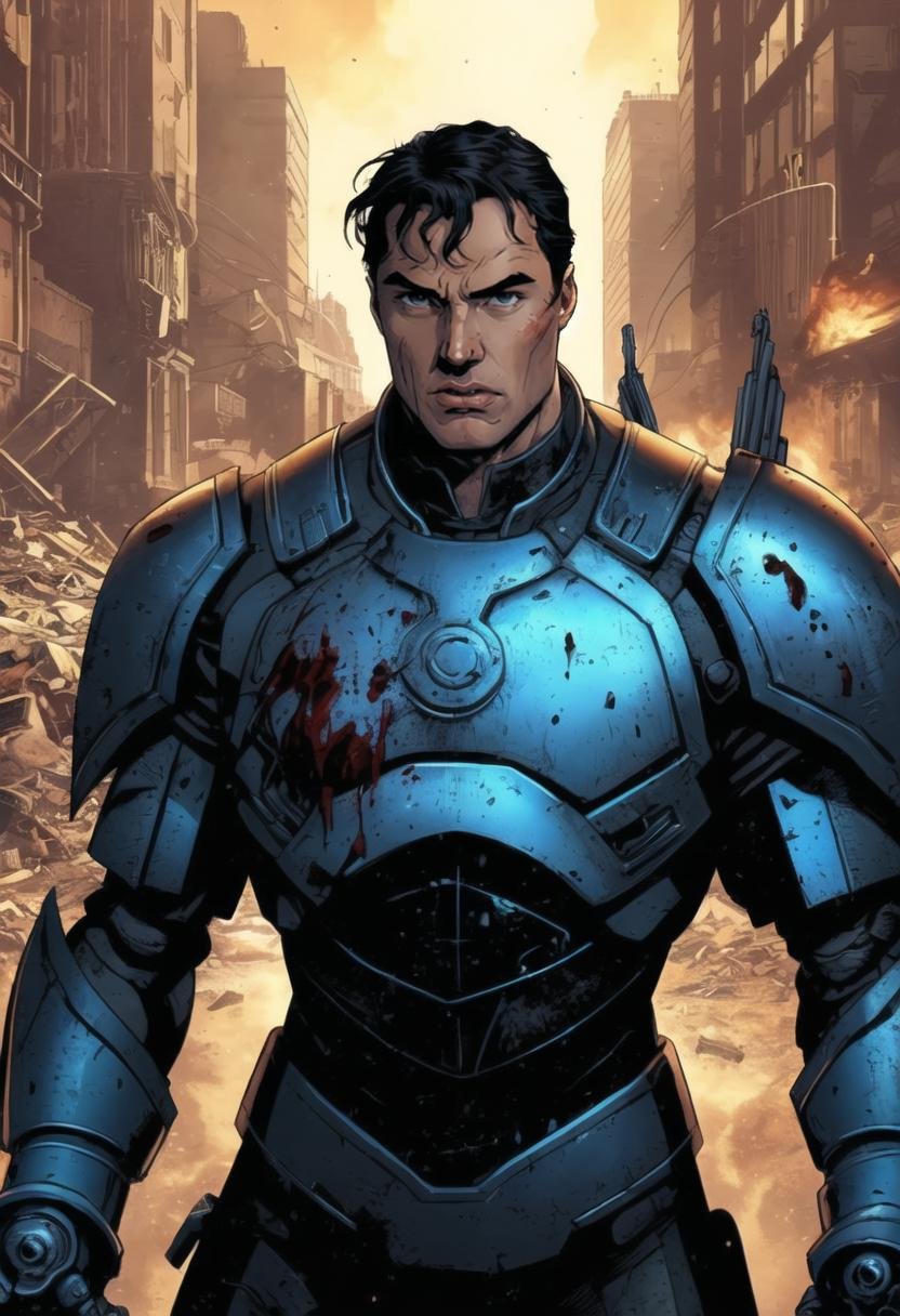 ((ultra detailed, glossy, smooth, comic style)), close up, upper body shot, black hair, stubble, grim expression, (dirty face), (henry cavill|hugh jackman:1.3), (man in intricately detailed heavy duty mech suit, pistons, armor plating, heavy weapons, sweaty, dirty, filthy, dried blood), (explosions, ruined futuristic city, fighting everywhere, rubble, scorch marks, bullet holes),