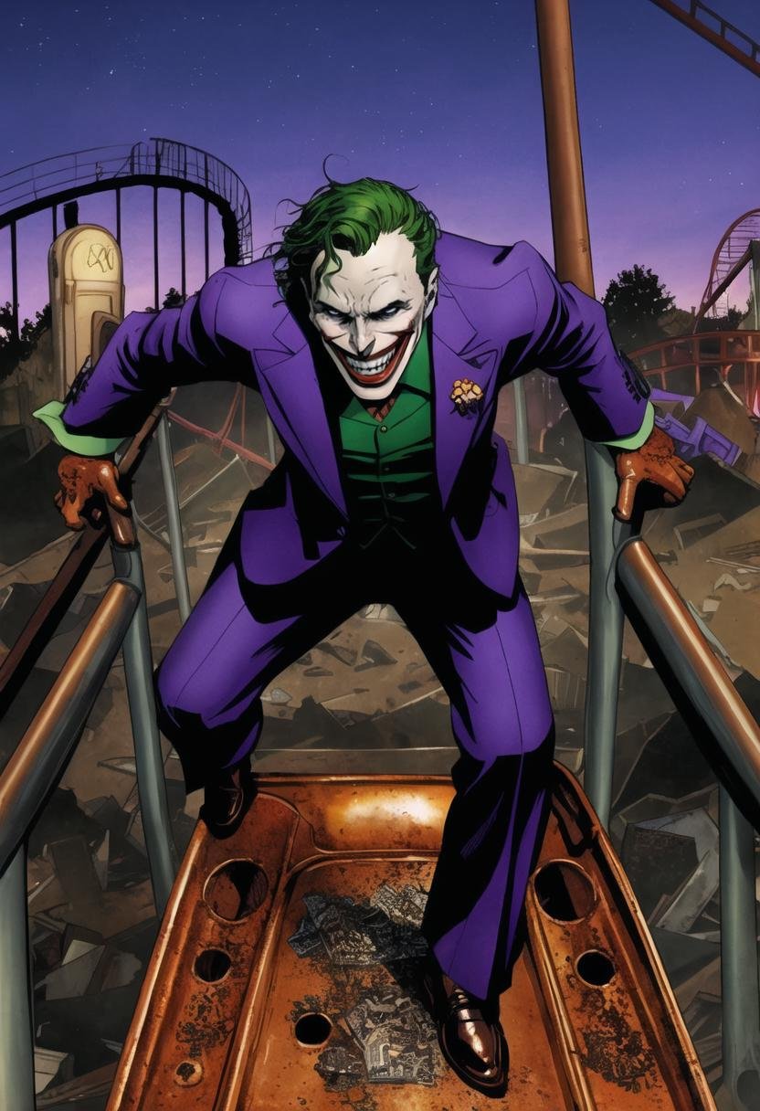 ((ultra detailed, glossy, smooth, comic style)), (1man:1.5), ((body portrait, body shot)), (The Joker:1.1) laughing in an abandoned amusement park at night, (hysterics, evil eyes, terrifying anger, green hair:1.1), (purple suit:1.3), (dilapidated stalls, (rust:1.1), wrecked roller coaster:1.2), (rubbish, rubble:1.1)