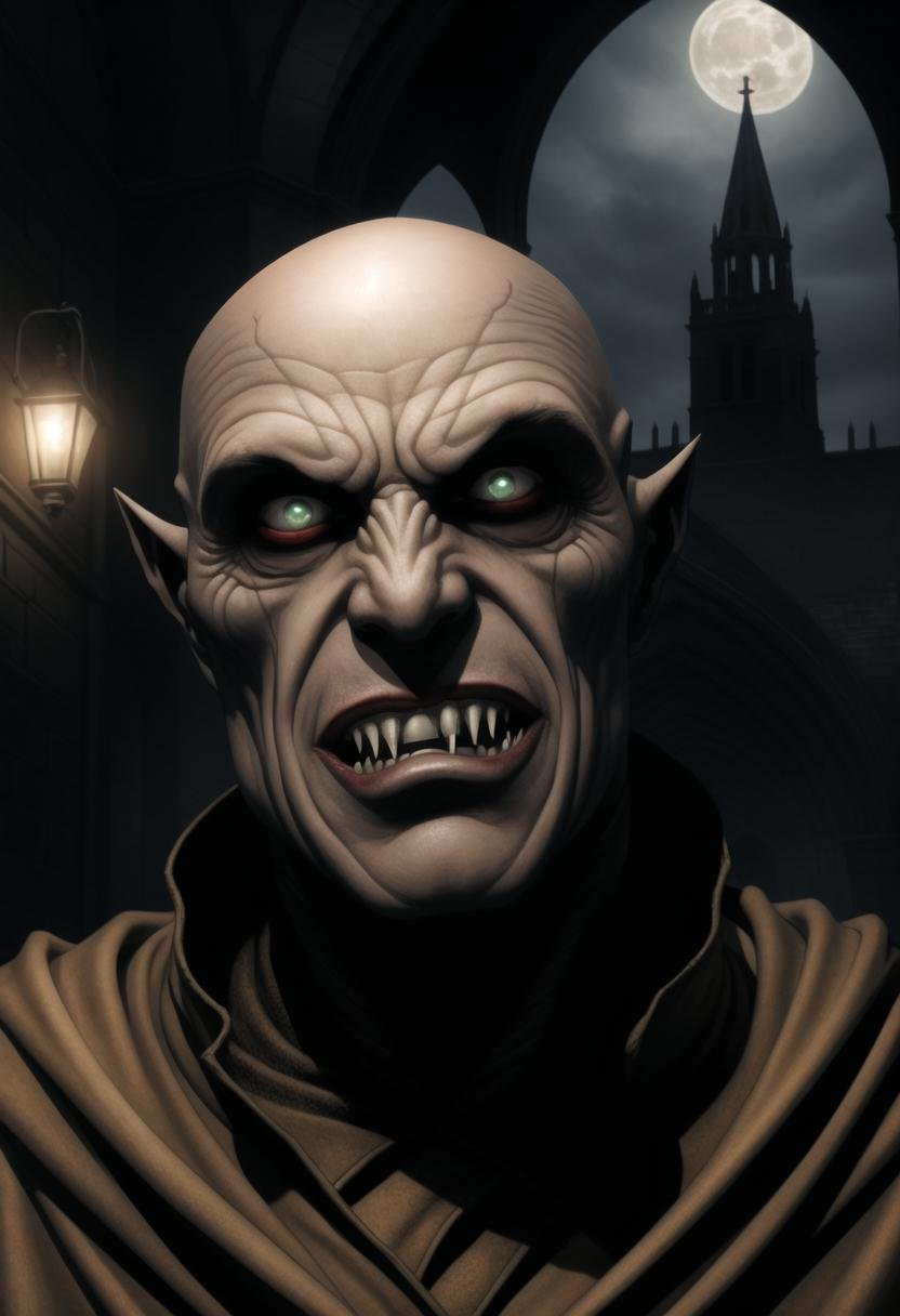 ((ultra intricate details, glossy, smooth, comic style, airbrushed)), night time, low angle, terrifying fierce male Nosferatu vampire lord, (gaunt face, emaciated, haunting big eyes, elderly, bald, wrinkled skin:1.3),( long fangs:1.3), tattered robes, pasty skin, dark gothic cathedral interior, detailed background