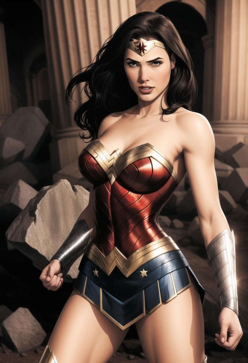 ((ultra intricate details, glossy, smooth, comic style, airbrushed)), ((dynamic sexy action pose)), wonder woman searching ancient roman ruins, toned perfect body, gal gadot|(Jennifer Connelly:0.6), tanned skin, wonder woman outfit, short skirt, thigh boots, crumbling stone work, overgrown, soft edge lighting, highly detailed, ((body portrait))