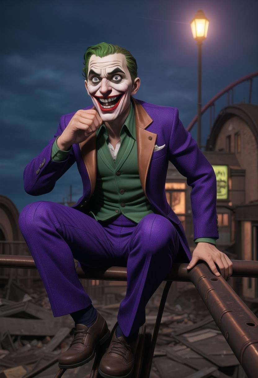 ((ultra intricate details, glossy, smooth, comic style, airbrushed)), (1man:1.5), ((body portrait, body shot)), (The Joker:1.1) laughing in an abandoned amusement park at night, (hysterics, evil eyes, terrifying anger, green hair:1.1), (purple suit:1.3), (dilapidated stalls, (rust:1.1), wrecked roller coaster:1.2), (rubbish, rubble:1.1)