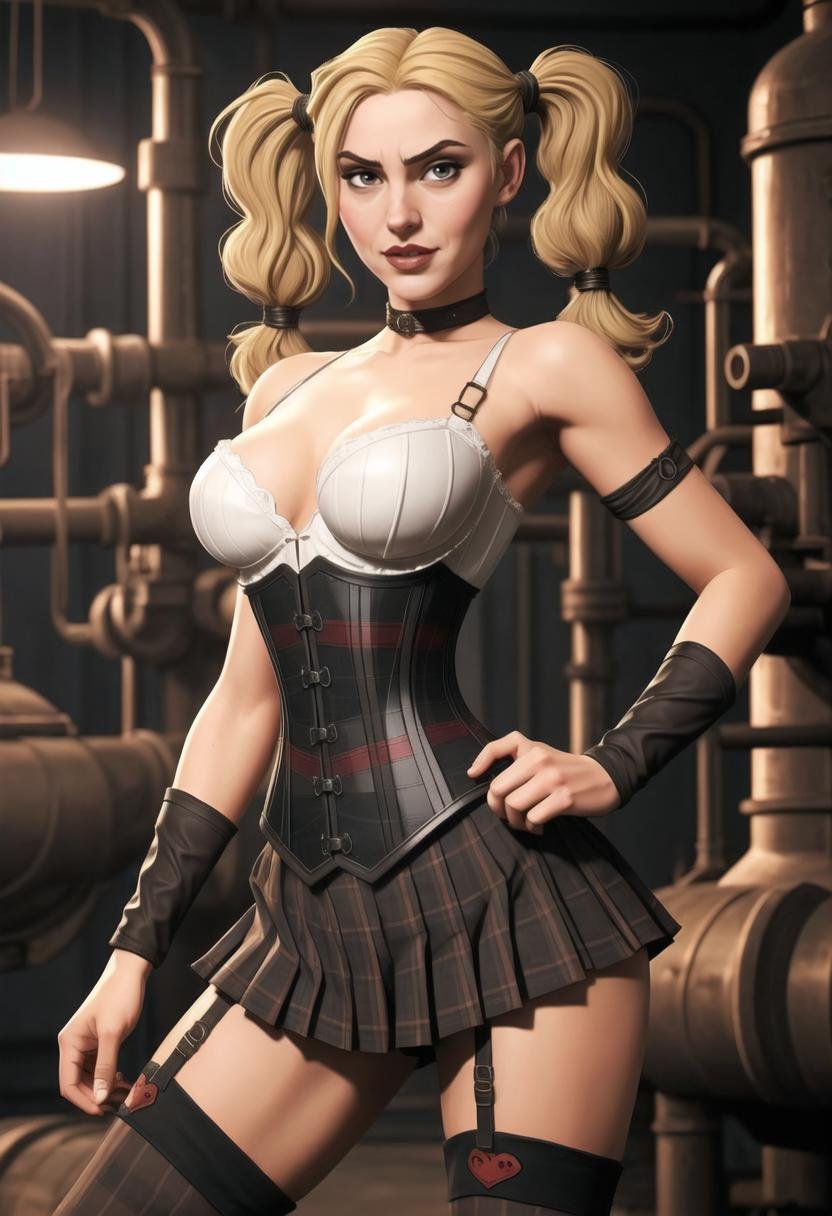 ((ultra intricate details, glossy, smooth, comic style, airbrushed)), ((close up upper body shot, low angle, dynamic sexy pose)), night time, 20 year old 1girl, Harley Quinn inside a dark chemical plant, seductive fit figure, (striped, Harley Quinn outfit:1.2), toned body, sweaty, (pleated tartan mini skirt, thigh boots, stripped stockings, corset:1.2) steam rising from vats in the background rubbish, (blonde pigtails:1.2)