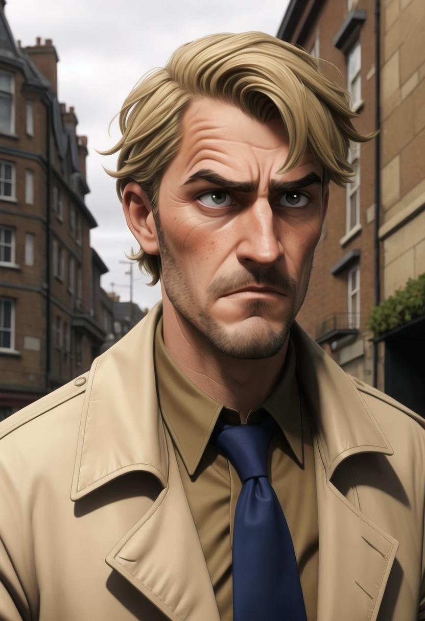 ((ultra intricate details, glossy, smooth, comic style, airbrushed)), ((body portrait, body shot)), John Constantine walking the dreary streets of London,  (messy short blonde hair:1.3), (old battered tattered) beige trench-coat, open white shirt, loose tie, grizzled face, (weary eyes, grim expression, harrowed look, somber:1.3),hands in pockets, gray overcast sky, puddles, reflections,