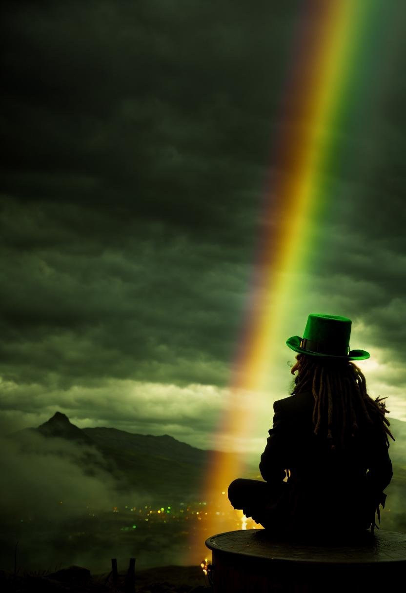 an evil leprechaun grinning while sitting atop his pot of gold, dread, ominous mood, high quality, masterpiece, horror theme, cinematic film still of saw