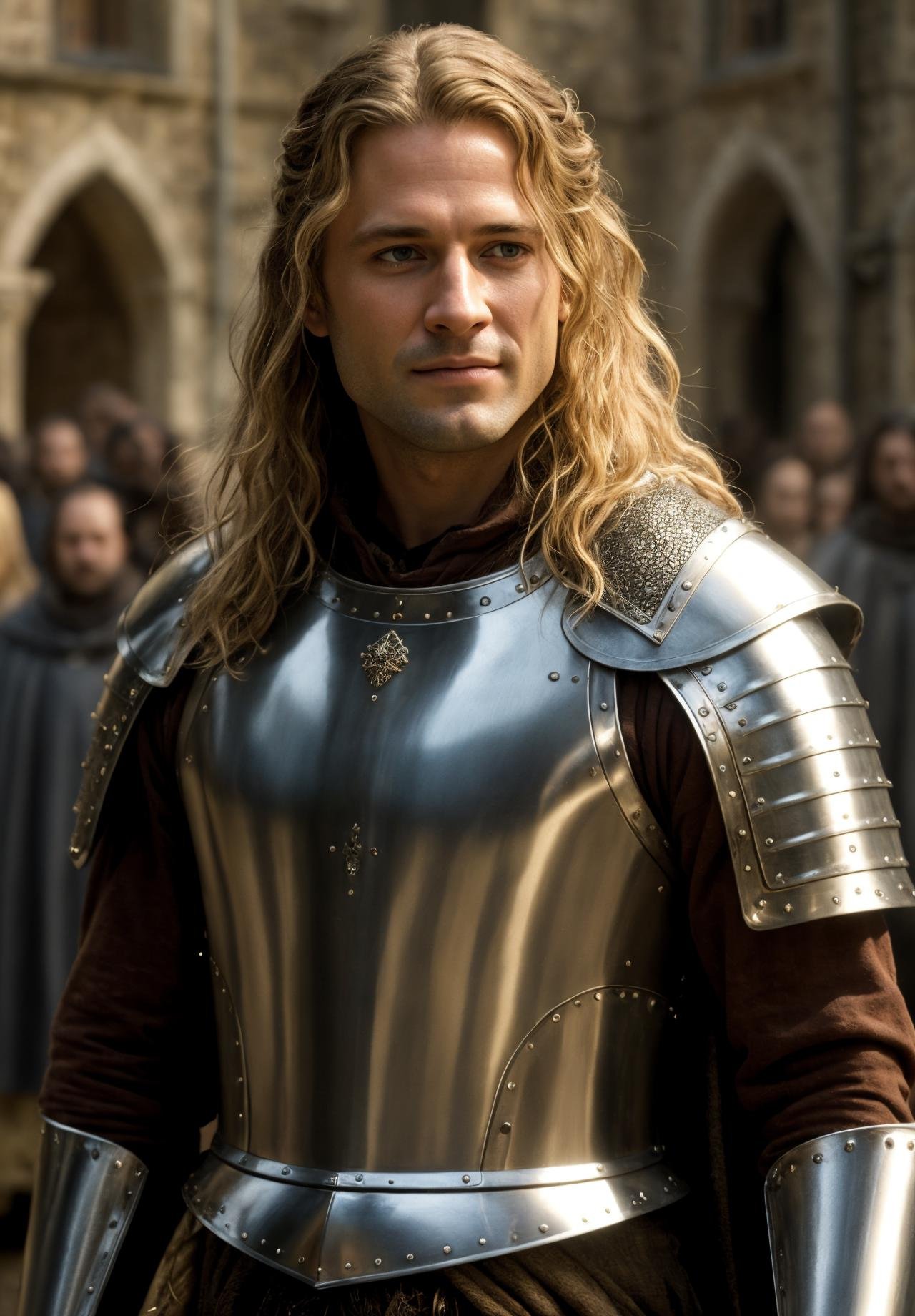 analog, raw, amateur photograph, majestic intricately detailed glamor photograph, 1man, (body portrait:1.2), a pristine handsome arrogant paladin, (intricately detailed filigreed polished steel full plate armor:1.4), stubble,( long blonde hair:1.2), detailed eyes, (smug smile:1.3),  (busy castle courtyard, medieval setting, crowd of onlookers, peasantry:1.6), (sun set, warm colors:1.2), somber, (backlit:1.3), reflections, highres, depth of field,, dynamic angle, professional, soft lighting, smooth, roughness, real life, cinematic film still from (the lord of the rings:1.1)|(cannibal holocaust:0.1)|game of thrones:0.3)|(vikings:0.3)