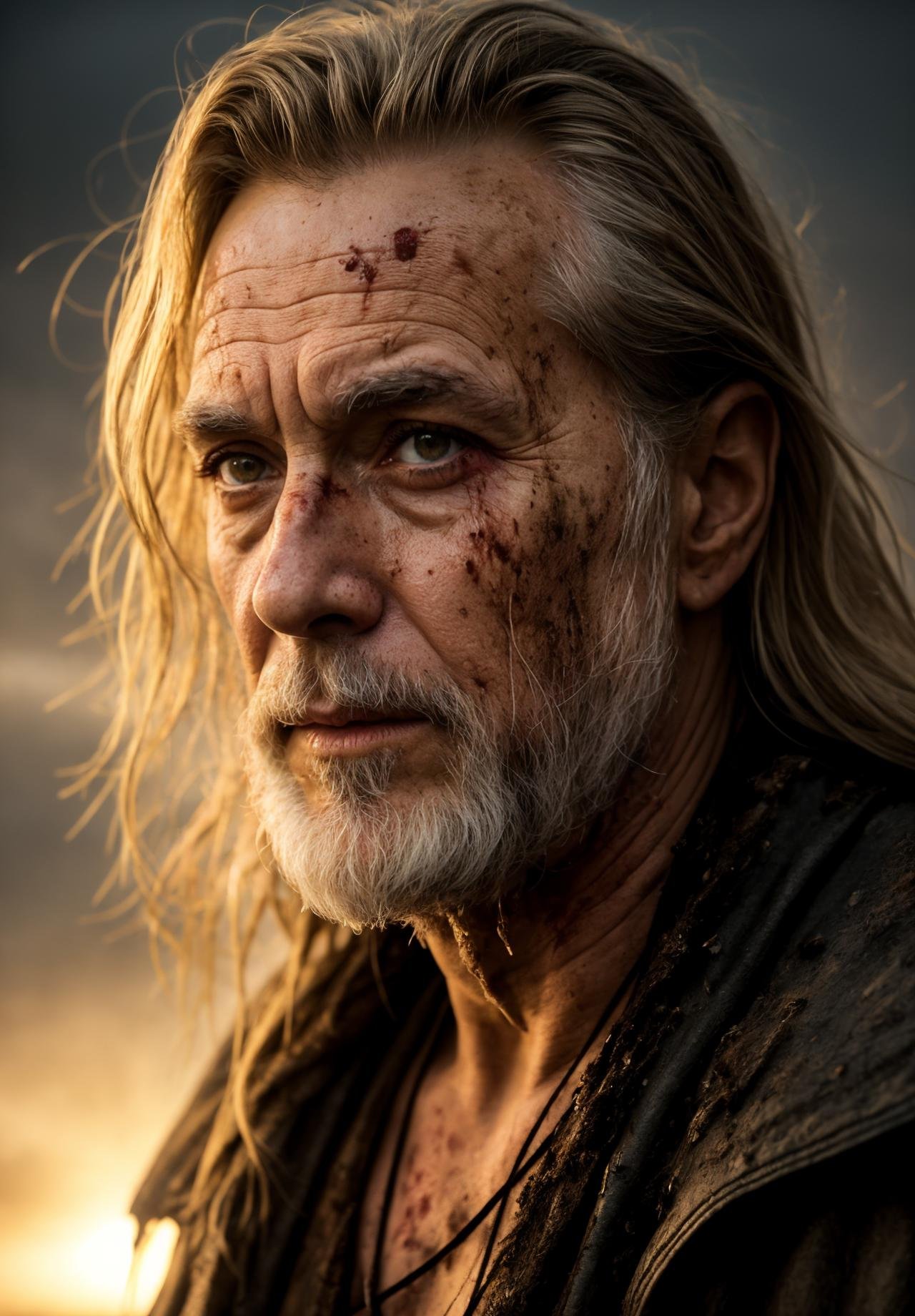 analog, raw, amateur photograph, majestic intricately detailed glamor photograph, 1man, viking, (close up portrait:1.2), an old grizzled medieval viking warrior, elderly war weary grandfather, (filthy, dirty skin, dried blood:1.5), gray bearded, shaved head, (wet worn leather armor:1.2), (detailed weary eyes:1.3), cuts scrapes and grazes,  (dramatic rain drenched landscape, ocean channel, rocky cliffs:1.2), Christopher Walken|Christopher lee|, (sun set, warm colors:1.2), somber, (backlit:1.3),, dynamic angle, professional, soft lighting, smooth, roughness, real life, cinematic film still from (evil dead:0.4)|(cannibal holocaust:0.1)|game of thrones:0.3)|(vikings:0.3)|Scary Stories To Tell In the Dark|doom|the void, dark fantasy style,