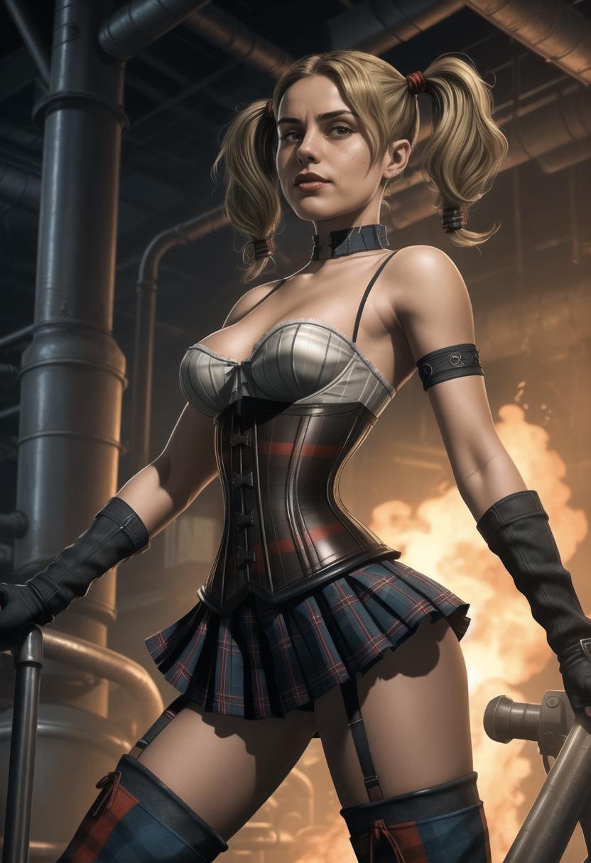 ((ultra intricate details, digital art style, airbrushed)), ((close up upper body shot, low angle)), (dynamic sexy pose:1.4), night time, 20 year old 1girl, Harley Quinn inside a dark chemical plant, seductive fit figure, (striped, Harley Quinn outfit:1.2), toned body, sweaty, (pleated tartan mini skirt, thigh boots, stripped stockings, corset:1.2) steam rising from vats in the background rubbish, (blonde pigtails:1.2)