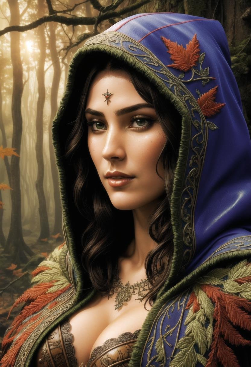 ((ultra intricate details, digital art style, airbrushed)), ((intricate details, extreme close up portrait)), hypnotically beautiful wood elf in a verdant forest, beauty mark, ((wearing skimpy soft leather armor and an intricately embroidered hooded rainbow cloak, autumnal)), mesmerizing eyes, emotive longing expression, sun set