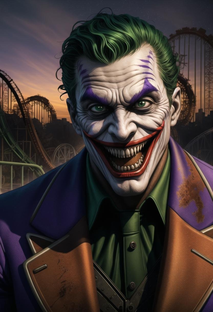 ((ultra intricate details, digital art style, airbrushed)),  ((upper body portrait)), (The Joker:1.1) hysterically laughing in an abandoned amusement park at night, (hysterics, evil eyes, terrifying anger, green hair:1.1), (purple suit:1.3), (dilapidated stalls, (rust:1.1), wrecked roller coaster:1.2), (rubbish, rubble:1.1)
