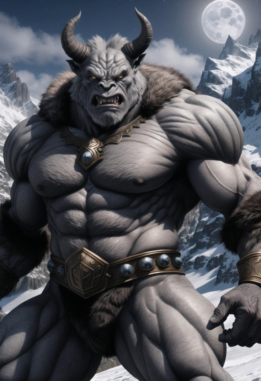 ((ultra intricate details, digital art style, airbrushed)) ,((close up body shot of a giant grey angry ogre)), terrifying detailed monstrous face, long horns, ((fur covered body, dark gray skin)), muscular body, on a snowy mountainous pass, moonlight