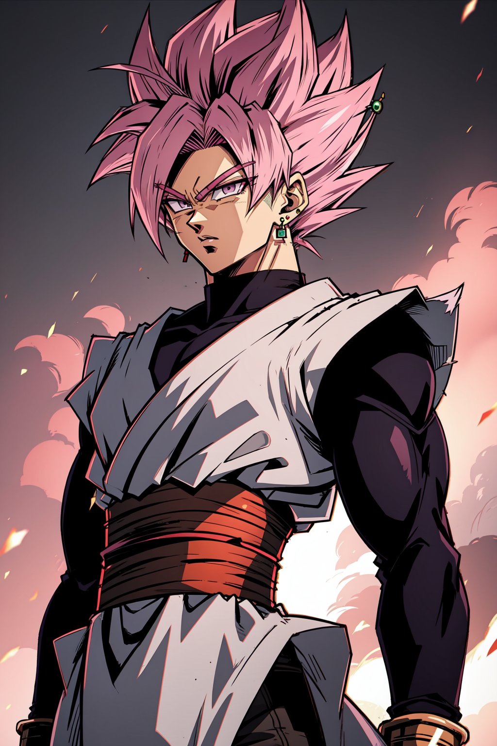 ROSEV2, 1boy, solo, male focus, jewelry, earrings, pink hair, grey eyes, spiked hair, sash, super saiyan, dougi