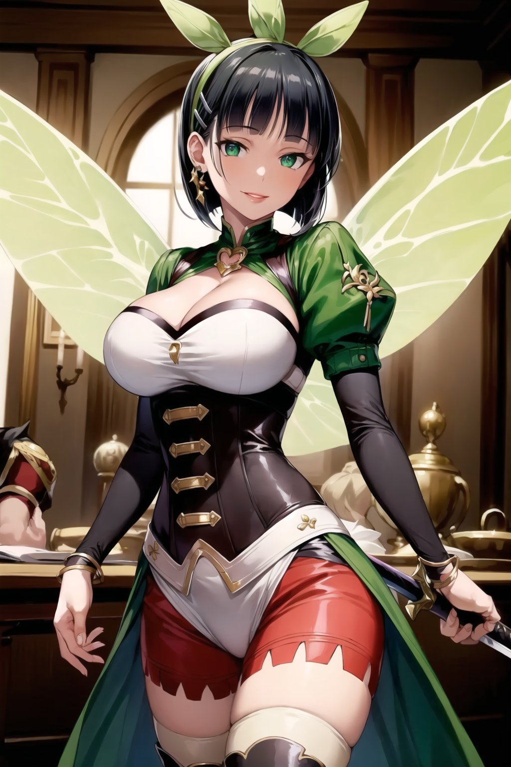 (best quality), (highly detailed), masterpiece, (official art), (suguha, short hair, black hair, bob cut, hairclip, hair ornament, blunt bangs), green dress, corset, thighhighs, holding, cleavage, jewelry, boots, wings, shorts, sword, holding weapon, bracelet, white thighhighs, brown footwear, holding sword, knee boots, white shorts, fantasy, fairy wings, green wings, (lips:1.2), ((evil smile)), (seductive pose), cowboy shot, looking at viewer, indoors, blurry background,depth of field, best quality, masterpiece, intricate details, tonemapping, sharp focus, hyper detailed, trending on Artstation