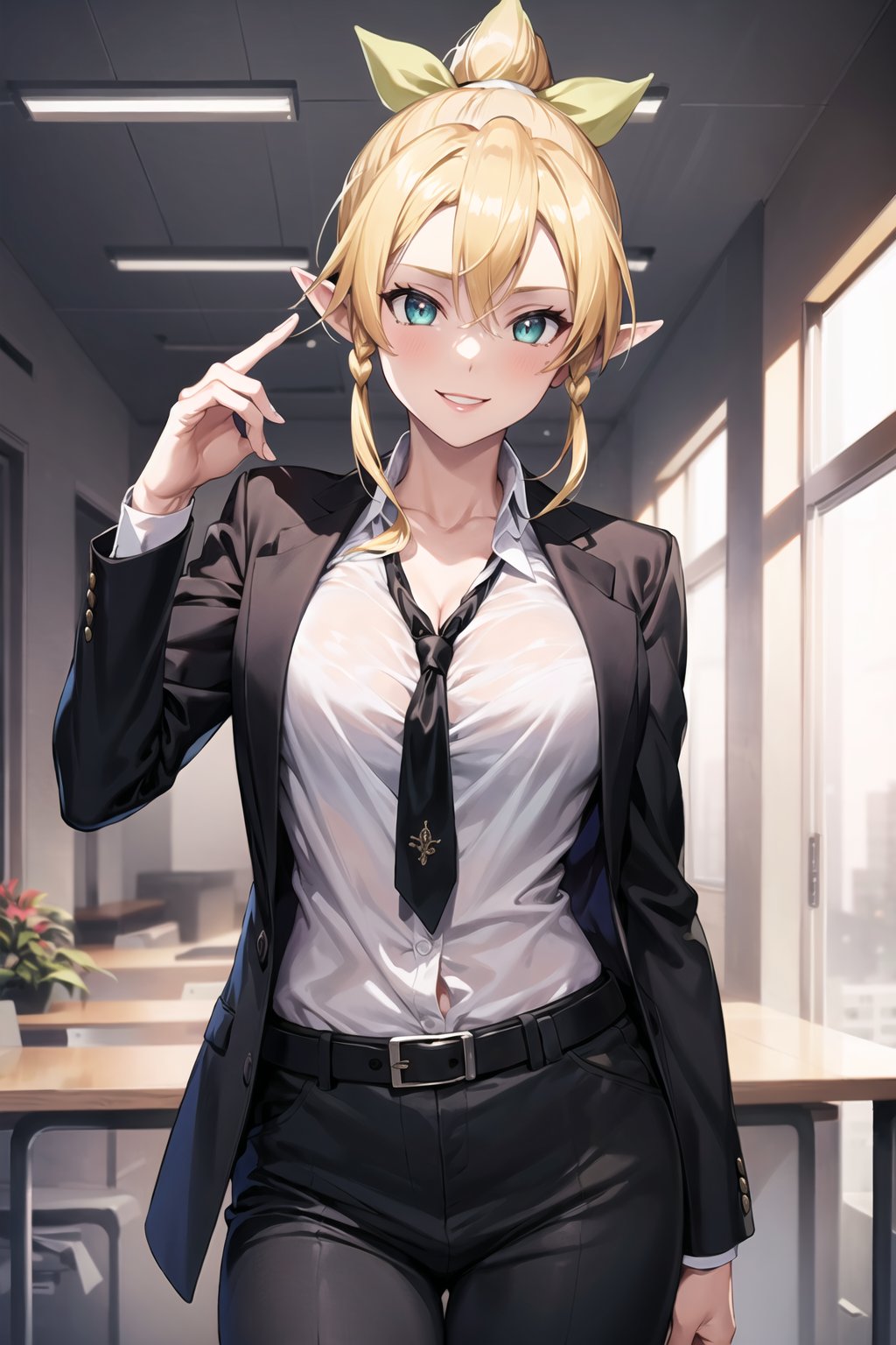 (best quality), (highly detailed), masterpiece, (official art), leafa, pointy ears, long hair, ponytail, braid, blonde hair,, lips, smile, necktie,pose, black jacket,(black suit), open suit, open jacket,long sleeves, shirt tucked in,looking at viewer, shirt, black necktie, white shirt, medium breasts,window, formal, office lady,pants, black pants, black belt, business suit, suit, (intricately detailed, hyperdetailed), blurry background,depth of field, best quality, masterpiece, intricate details, tonemapping, sharp focus, hyper detailed, trending on Artstation,1 girl, solo,high res,official art<lora:EMS-93-EMS:0.400000>, <lora:EMS-294565-EMS:0.700000>