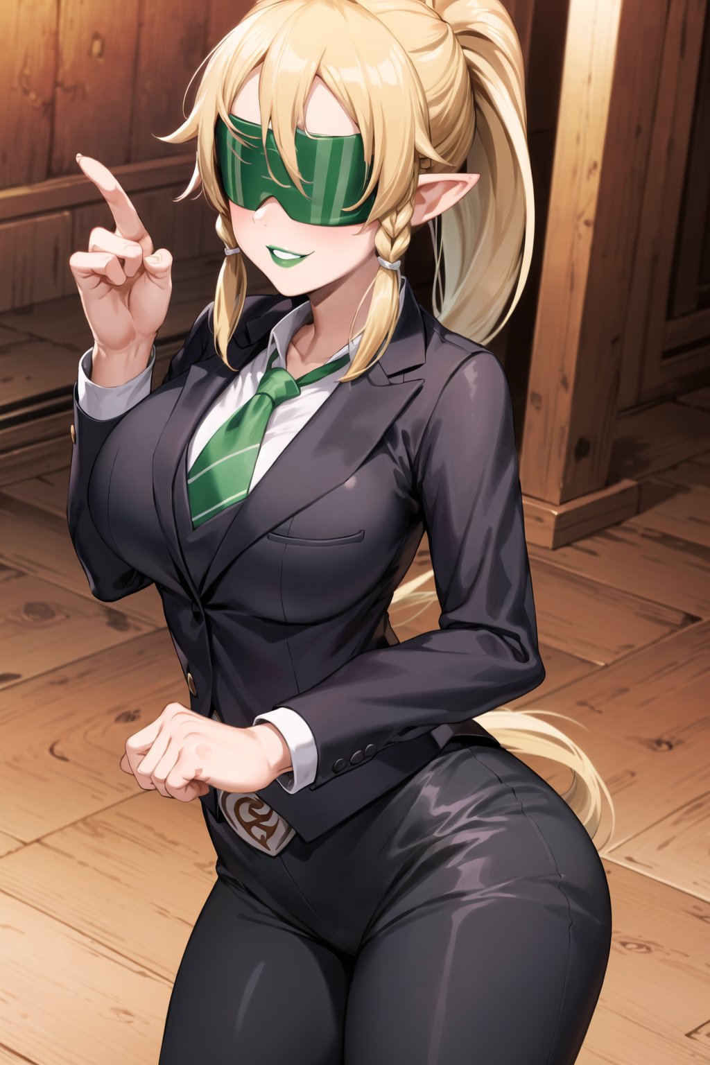 (best quality), (highly detailed), masterpiece, (official art), (leafa, pointy ears, long hair, ponytail, braid, blonde hair),  (team flare:1.2),  ((blindfold)), ((green lips)), white shirt, necktie, red suit, pencil skirt, belt, Black pantyhose, formal(lips:1.2), ((evil smile)), (seductive pose:1.2), cowboy shot, looking at viewer, indoors, blurry background,depth of field, best quality, masterpiece, intricate details, tonemapping, sharp focus, hyper detailed, trending on Artstation