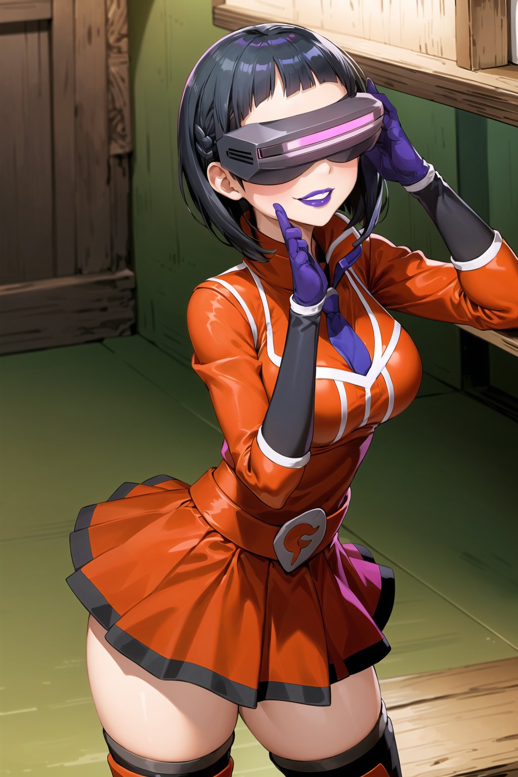 (best quality), (highly detailed), masterpiece, (official art), (suguha, short hair, black hair, bob cut, hairclip, hair ornament, blunt bangs),  (team flare:1.2),  (((head-mounted display))), (((purple lips))), gloves,juliet_sleeves, long_sleeves , pleated skirt, thighhighs, thigh boots, dress, belt, red dress, pantyhose, (lips:1.2), ((evil smile)), (seductive pose:1.2), cowboy shot, looking at viewer, indoors, blurry background,depth of field, best quality, masterpiece, intricate details, tonemapping, sharp focus, hyper detailed, trending on Artstation,yang xiao long