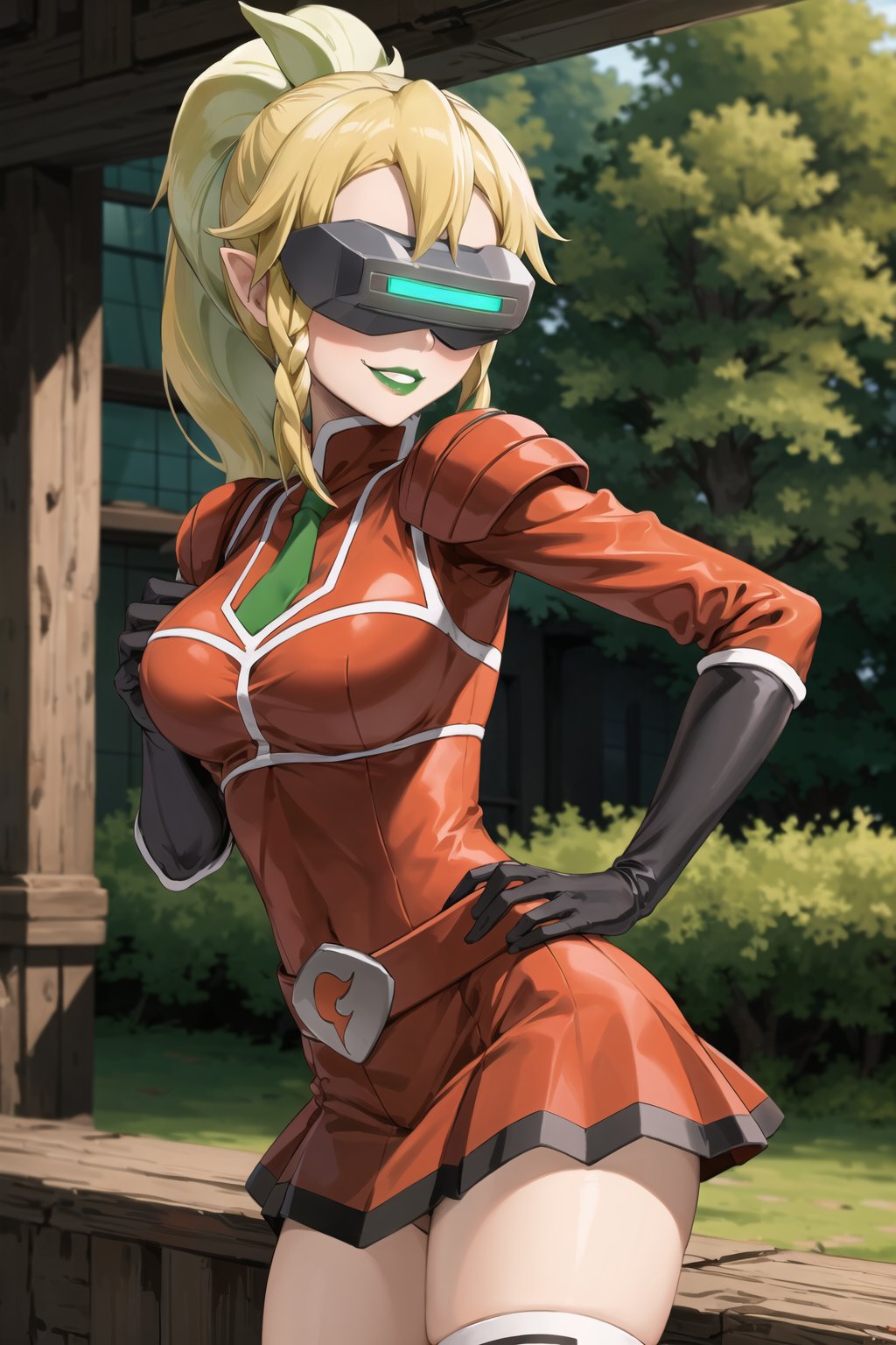 (best quality), (highly detailed), masterpiece, (official art), (leafa, pointy ears, long hair, ponytail, braid, blonde hair),  (team flare:1.2),  (((head-mounted display))), ((green lips)), gloves,juliet_sleeves, long_sleeves , pleated skirt, thighhighs, thigh boots, dress, belt, red dress, pantyhose, (lips:1.2), ((evil smile)), (seductive pose:1.2), cowboy shot, looking at viewer, indoors, blurry background,depth of field, best quality, masterpiece, intricate details, tonemapping, sharp focus, hyper detailed, trending on Artstation,yang xiao long