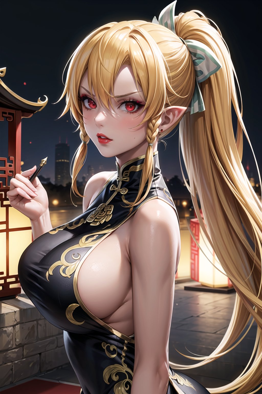 (best quality), (highly detailed), masterpiece, (official art),(leafa, pointy ears, long hair, ponytail, braid, blonde hair),(red eyes),red lips, lips:1.3, huge brest, makeup:1.3, angry, serious,(((black china dress))), ((bare shoulder,sleeveless)),,looking at viewer, china, asiática, city, night, sky, (intricately detailed, hyperdetailed), blurry background,depth of field, best quality, masterpiece, intricate details, tonemapping, sharp focus, hyper detailed, trending on Artstation,1 girl, high res, official art,chinese dress