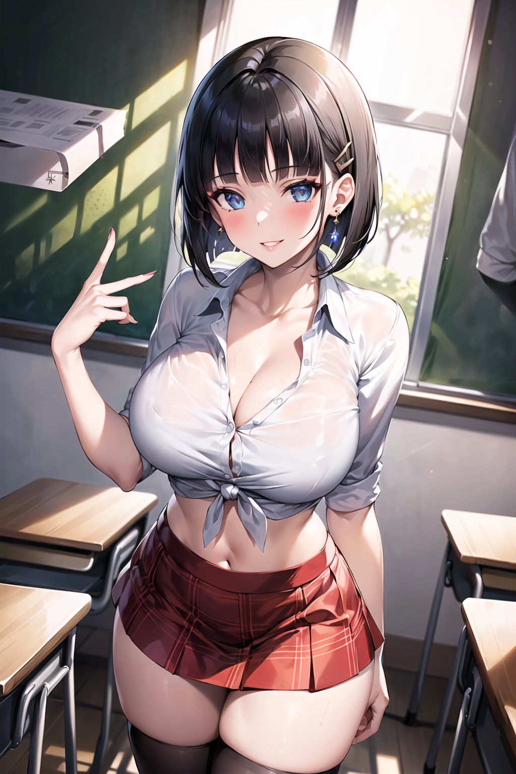 ((best quality)), ((highly detailed)), masterpiece, ((official art), suguha, short hair, black hair, bob cut, hairclip, hair ornament, blunt bangs, earrings, jewelry, eyelashes,  gold earrings, blush, makeup, glow, collarbone, (classroom, school, window background illustration), (narrow waist:1.0), big sister, mature female, older girl, big sister, (seductive smile, parted lips:1.2), (large breasts:1.2), perfect figure, thighhighs, red plaid miniskirt, crop top, (white shirt tied:1.2), school uniform, skirt, miniskirt, intricately detailed, hyperdetailed, blurry background,depth of field, best quality, masterpiece, intricate details, tonemapping, sharp focus, hyper detailed, trending on Artstation,1 girl, high res, official art,beautiful detailed eyes,,,